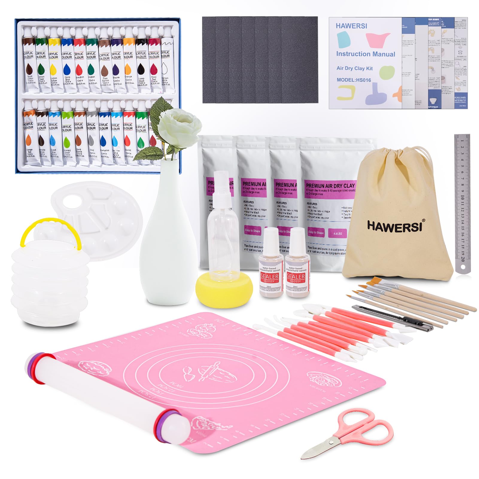 Air Dry Clay Kit for Adults,66 Pcs Beginners Pottery Kit,Craft Clay Kit Includes 4.4Lbs Air Dry Clay,Tools, Paints,Brushes,Gloss Varnish,Sand Papers,Non-stick Rolling Pin,Storage Bag,Christmas Gift