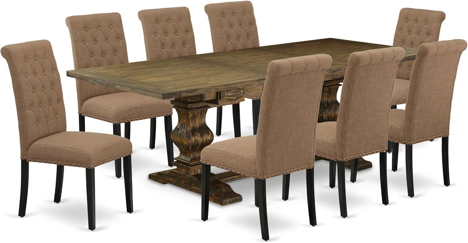 East West Furniture LABR9-71-17 9 Piece Dining Room Set Includes a Rectangle Removable Leaf Kitchen Table and 8 Light Sable Linen Fabric Parson Dining Chairs, 42x92 Inch, Jacobean