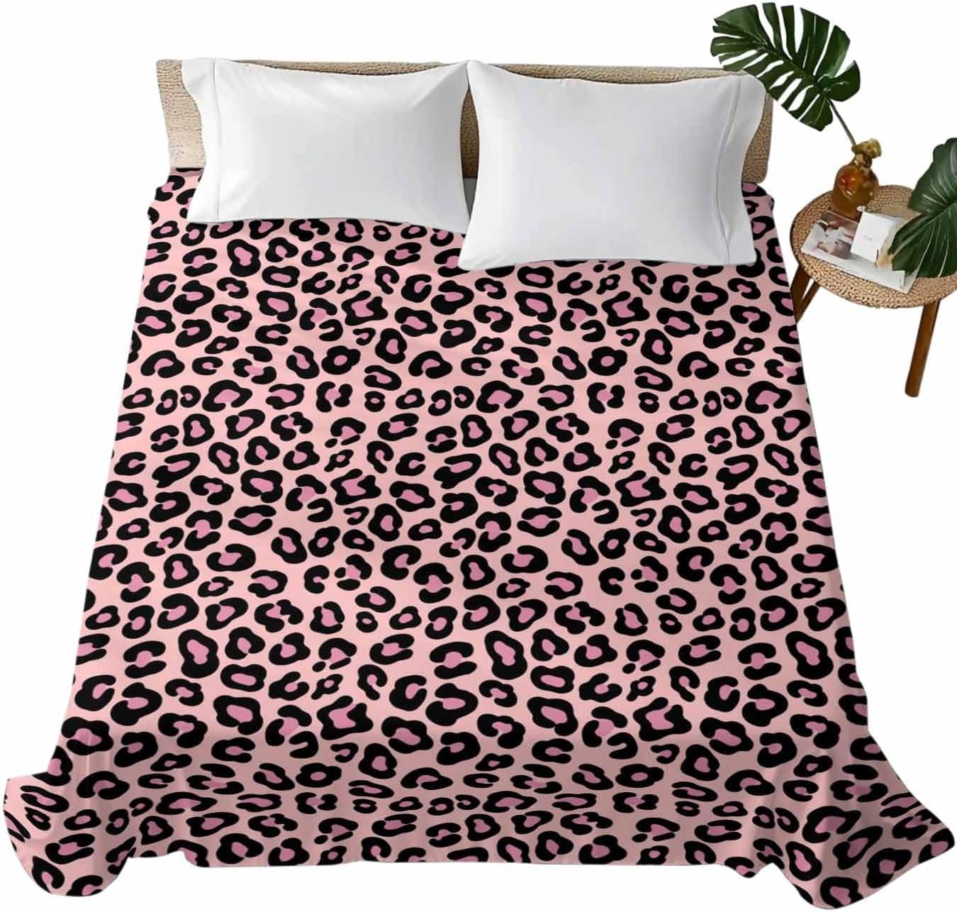 Queen Flat Sheet Only Bedding Flat Sheet, Pink Leopard Pattern Microfiber Breathable Top Sheets, Farmhouse Animal Skin Theme Soft Bed Sheets for Bedroom Living Room Sofa