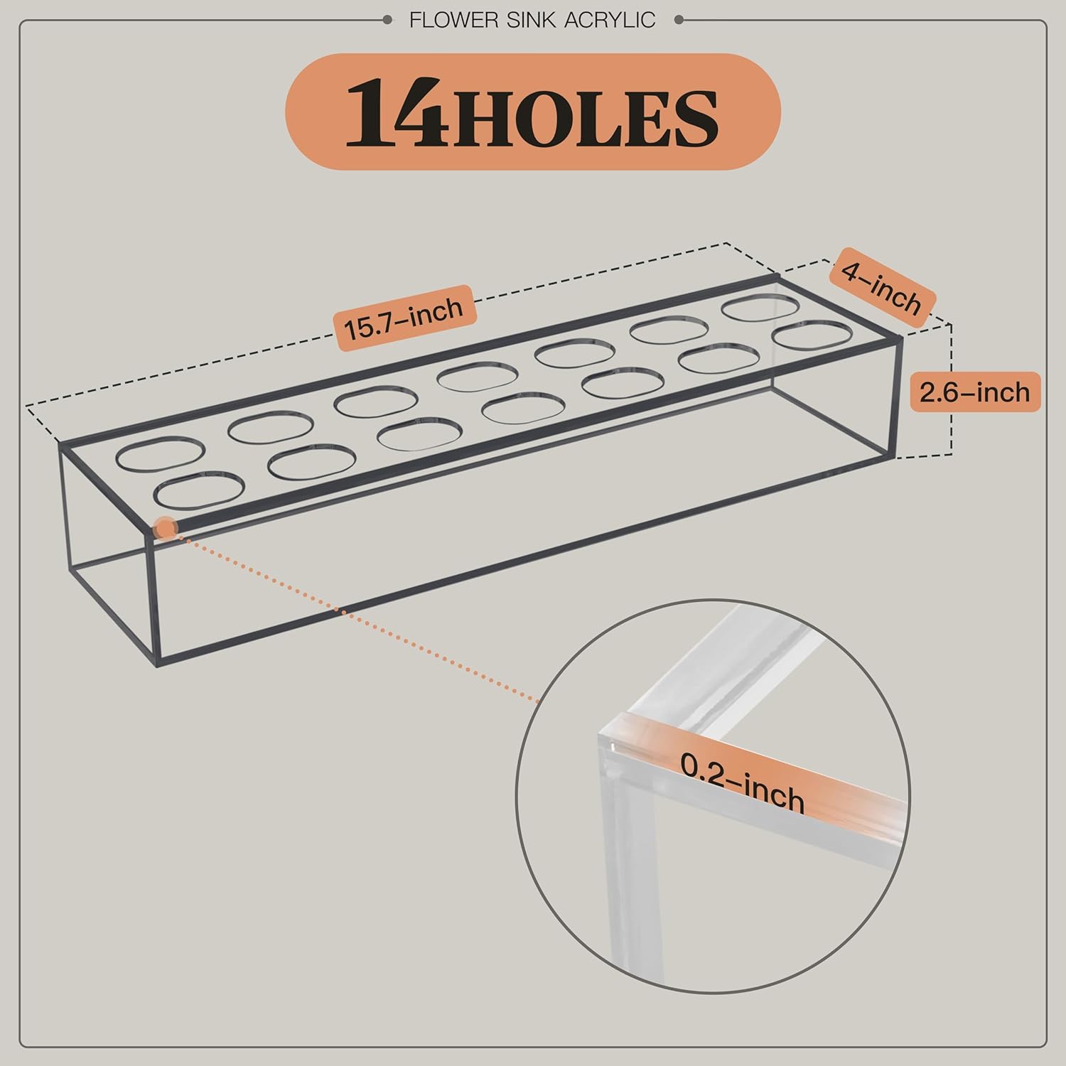 2 Pack Acrylic Rectangle Flower Vase with 14 Holes Each, 15.7in L*4in W*2.6in H Clear Floral Box Vase, Decorative Centerpiece Flower Box for Dining Table Weddings Home Decor