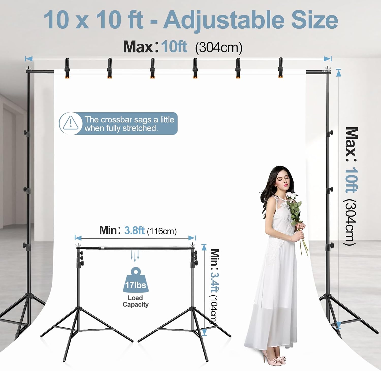 EMART 10x10FT Backdrop Stand, Photo Studio Back Drop Adjustable Stand with 6 Backdrop Clamps,2 Sandbags and Carry Bag,Heavy Duty Background Support System Kit for Photography,Parties,Wedding,Video