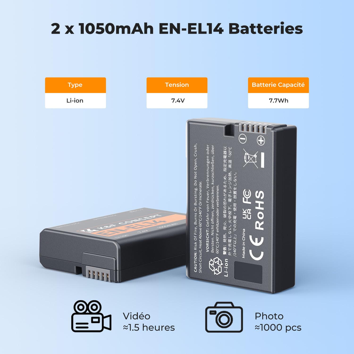 K&F CONCEPT EN-EL14 Batterie et Chargeur avec Double Fente Compatible avec Nikon D3500 D5600 D3200 D3300 D3400 D5500 Coolpix P7800 P7700 P7200 P7100 P7000