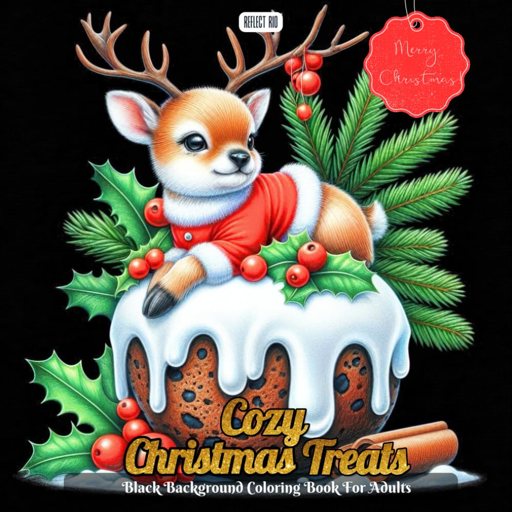 Cozy Christmas Treats Coloring Book: Cute Animals and Mythical Creatures with Festive Desserts and Drinks on Black Background Pages for Adults ... Grayscale Coloring Book Series for Adults)