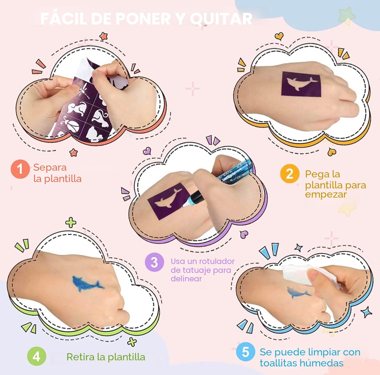 6 Rotuladores De Tatuajes Temporales Con Purpurina + 6 Plantillas – Kit Completo Para Niños Y Niñas