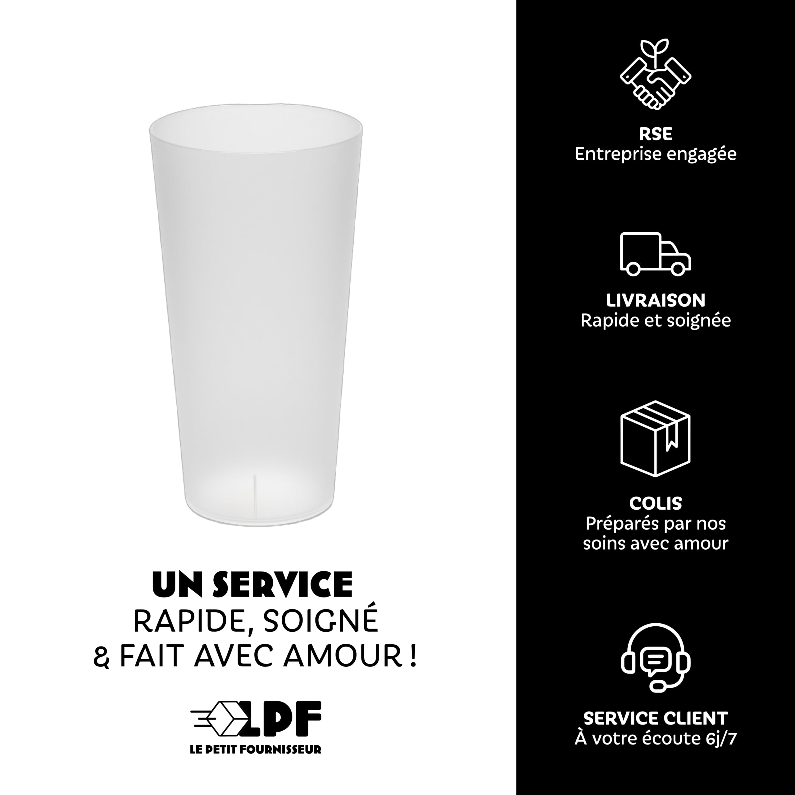 LPF LE PETIT FOURNISSEUR - Lot de 100 Gobelets réutilisables 50cl (56cl à ras-bord) - Polypropylène plastique alimentaire rigide - Gobelets à eau, bière - Compatible lave-vaisselle - Couleur Givré