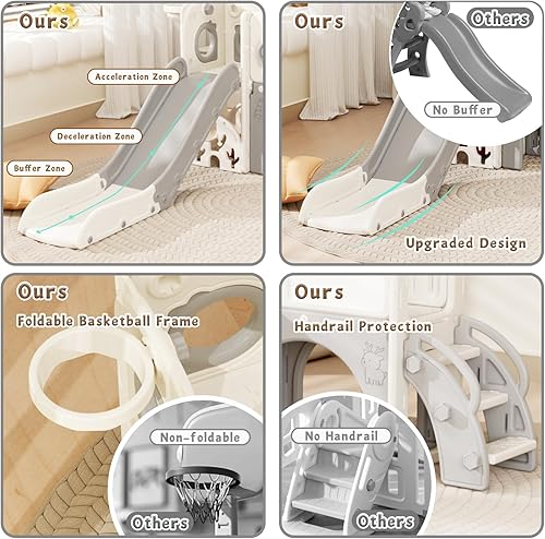 Miniatura 3 de 67i Tobogán infantil para interiores con tabla de dibujo, juego de golf, aro de baloncesto, parque infantil para niños de 1 a 3 años, escalones