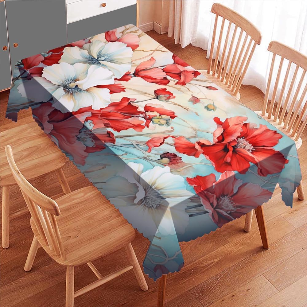 Rural Abstract Flowers Art Print Table Cloth Red White Floral Natural Washable Waterproof Tablecloths Dining Table Decorative Rectangle Table Cover 55Wx86L Inch