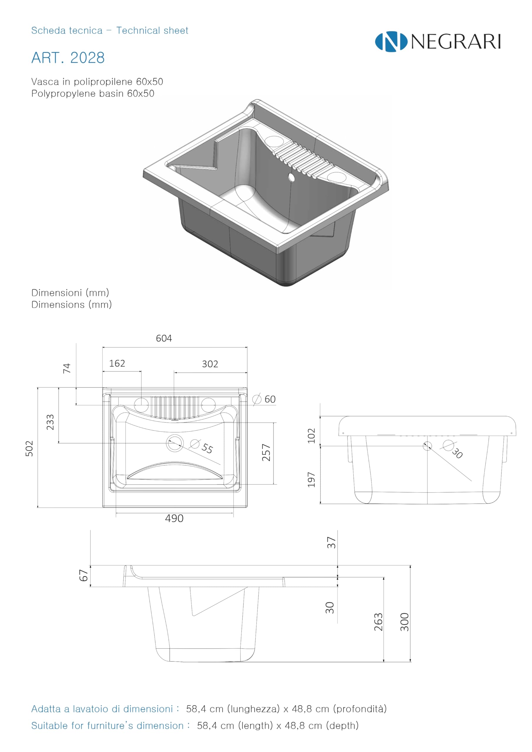 Negrari Baignoire en résine PP pour évier, résistant à l'humidité, résistant aux acides courants, kit d'échappement inclus, intérieur et extérieur, L60 x P50 x H30 cm, blanc