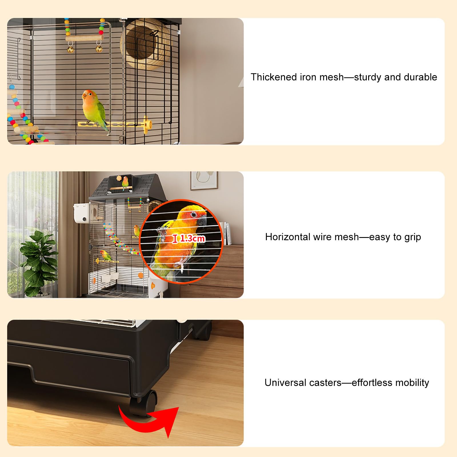 Jaula para Pájaros Moderna con Vista Panorámica 98cm, Aviario Interior con Bandeja Extraíble para Periquitos, Cacatúas, Canarios, Agapornis y Aves Pequeñas Black