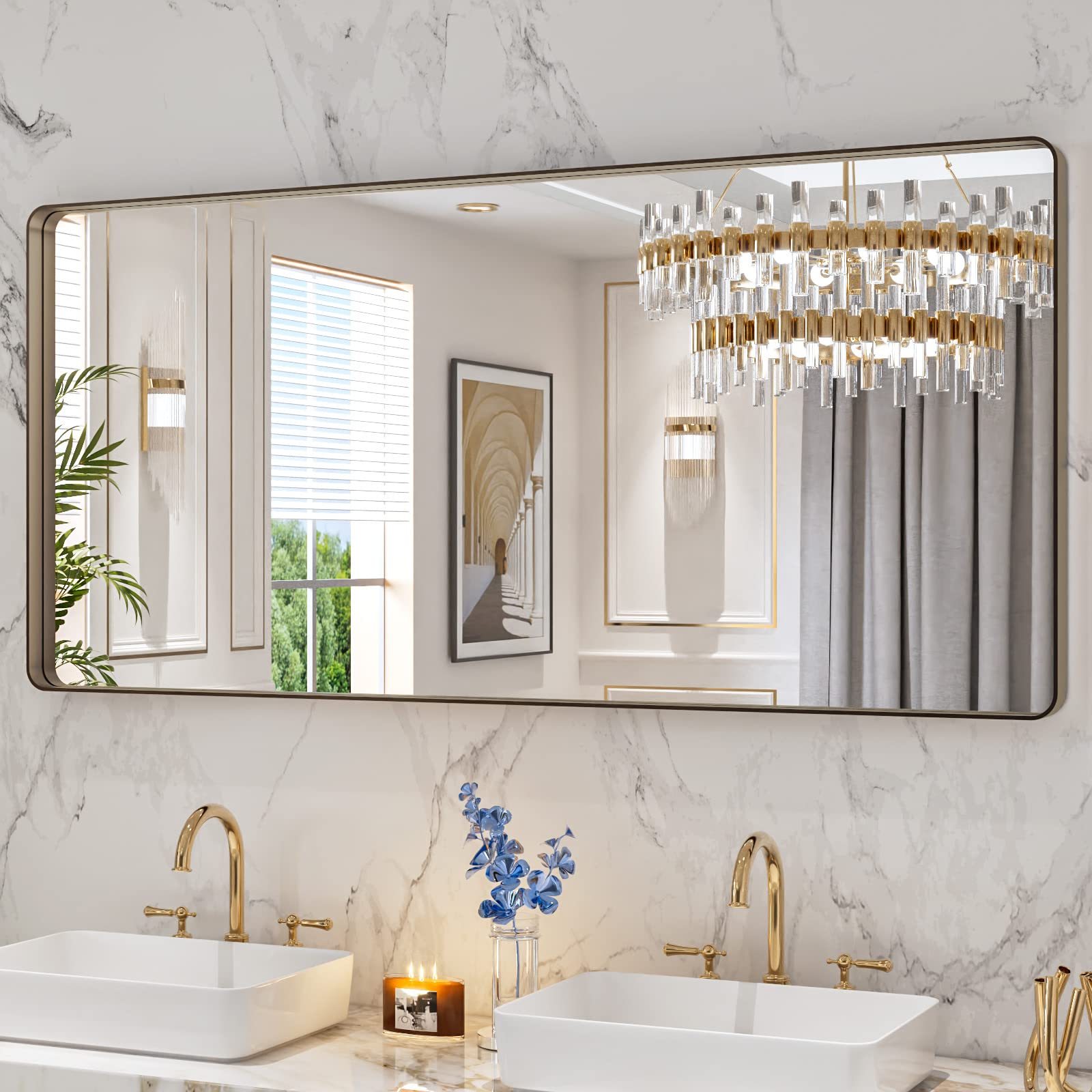 Photo 1 of LOAAO 60”X28” Bronze Bathroom Mirrors for Vanity, Rounded Rectangle Brushed Bronze Metal Frame Mirror, Anti-Rust, Tempered Glass, Hangs Horizontally or Vertically