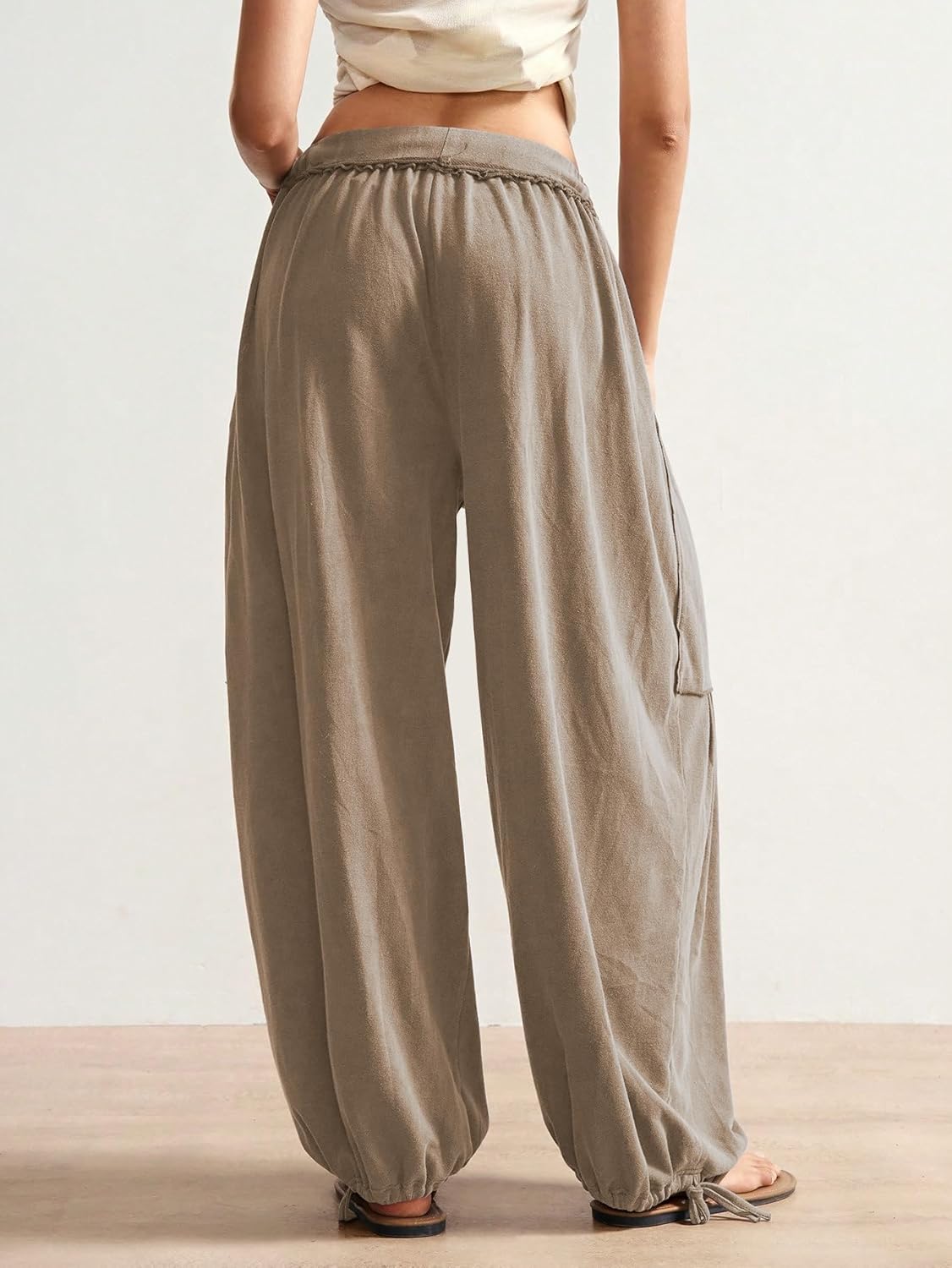 ZAFUL Boho Casual Pants for Women Baggy Pant Ruched Flowy Bottom Elastic Drawstring Waist Trouser with Pockets - Image 7