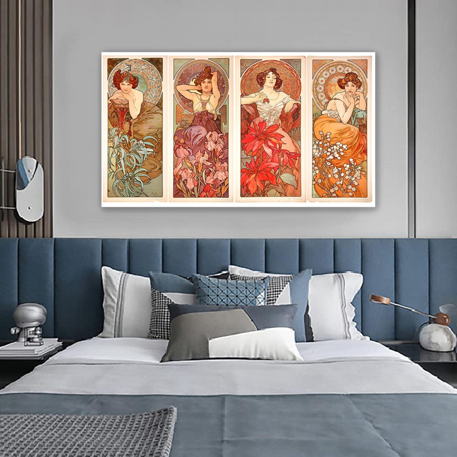 JZSDGB Gerahmt-Reproducciones famosas 'Sirenas besándose, 1982' de Alphonse Mucha Pinturas en lienzo Carteles e impresiones Cuadro de arte de pared para decoración del hogar 20x34cm(8x13in)