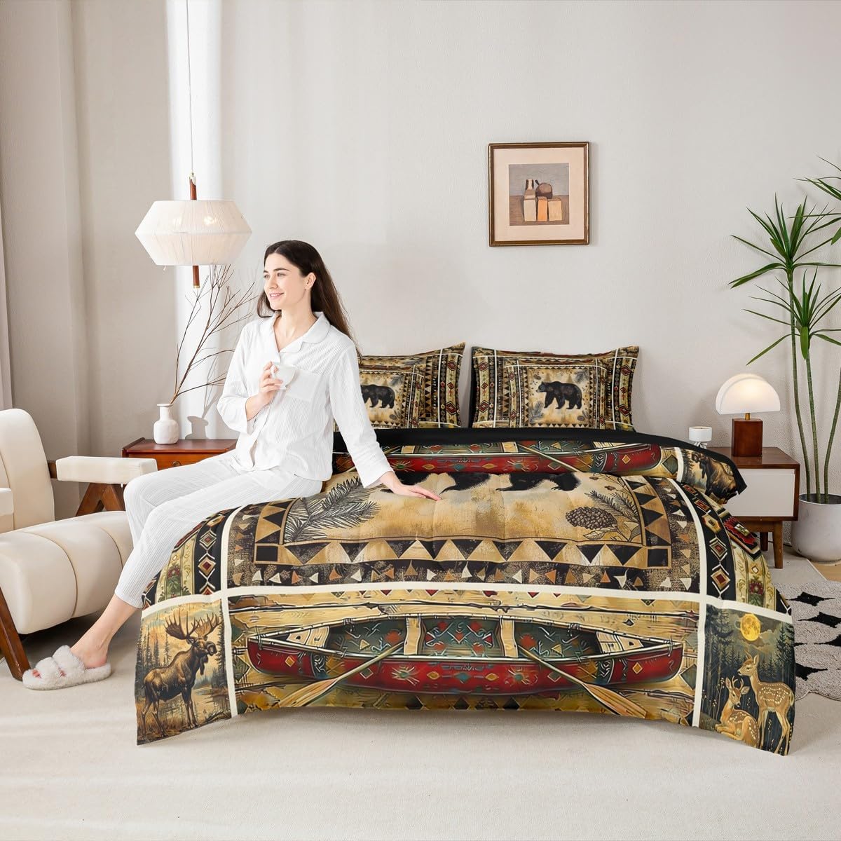 Feelyou Boys Girls Bear Bed in a Set Queen Size, Rustic Cabin Bears Bed in a Bag 7 Pieces Aztec Comforter Set with Sheets Kids Countryside Teens Bedroom Decor 7Pcs