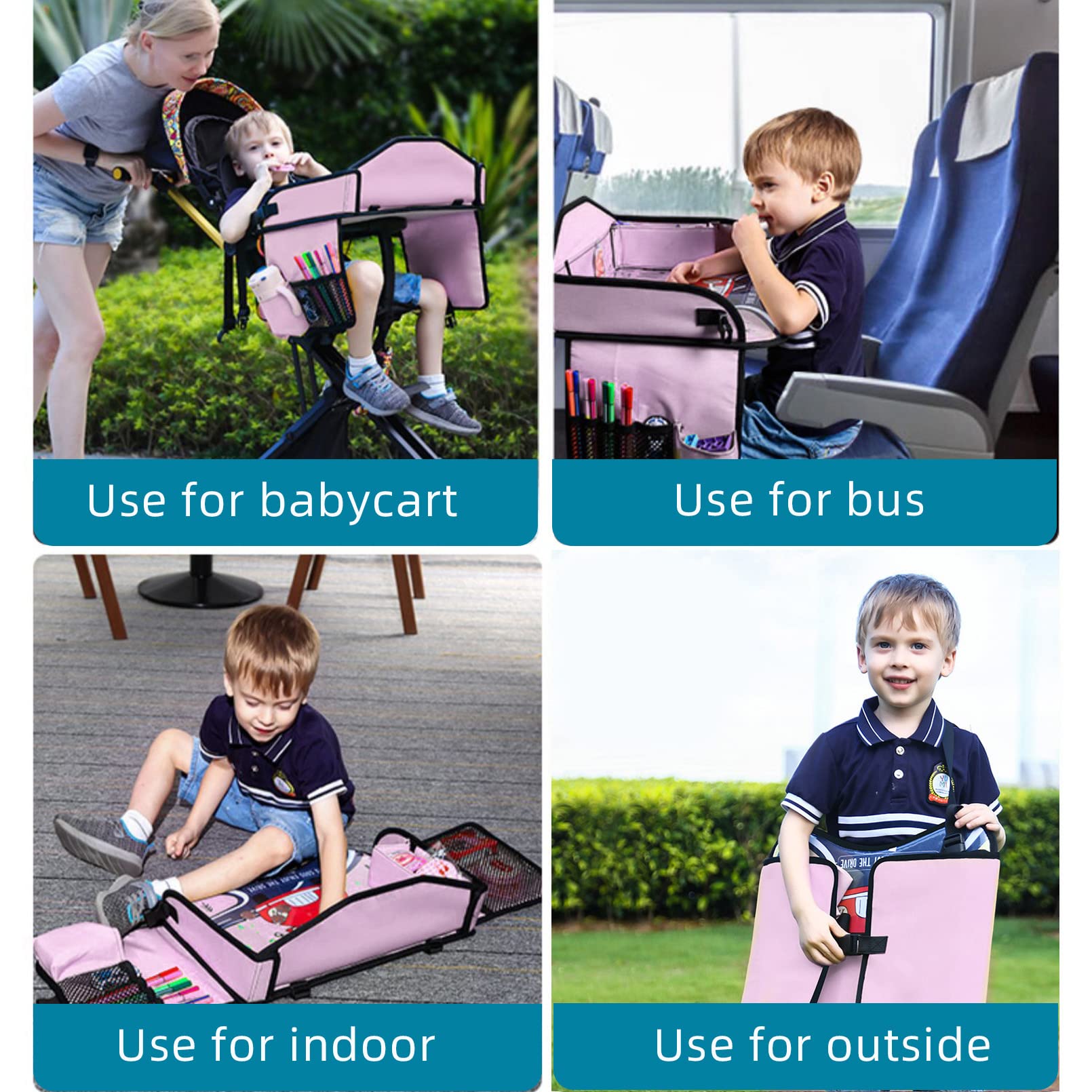 Vassoio da viaggio per bambini per seggiolino auto per, vassoio da viaggio per auto, aereo, vassoi per auto per bambini, accessori essenziali per viaggi su strada, con 15 sacchetti