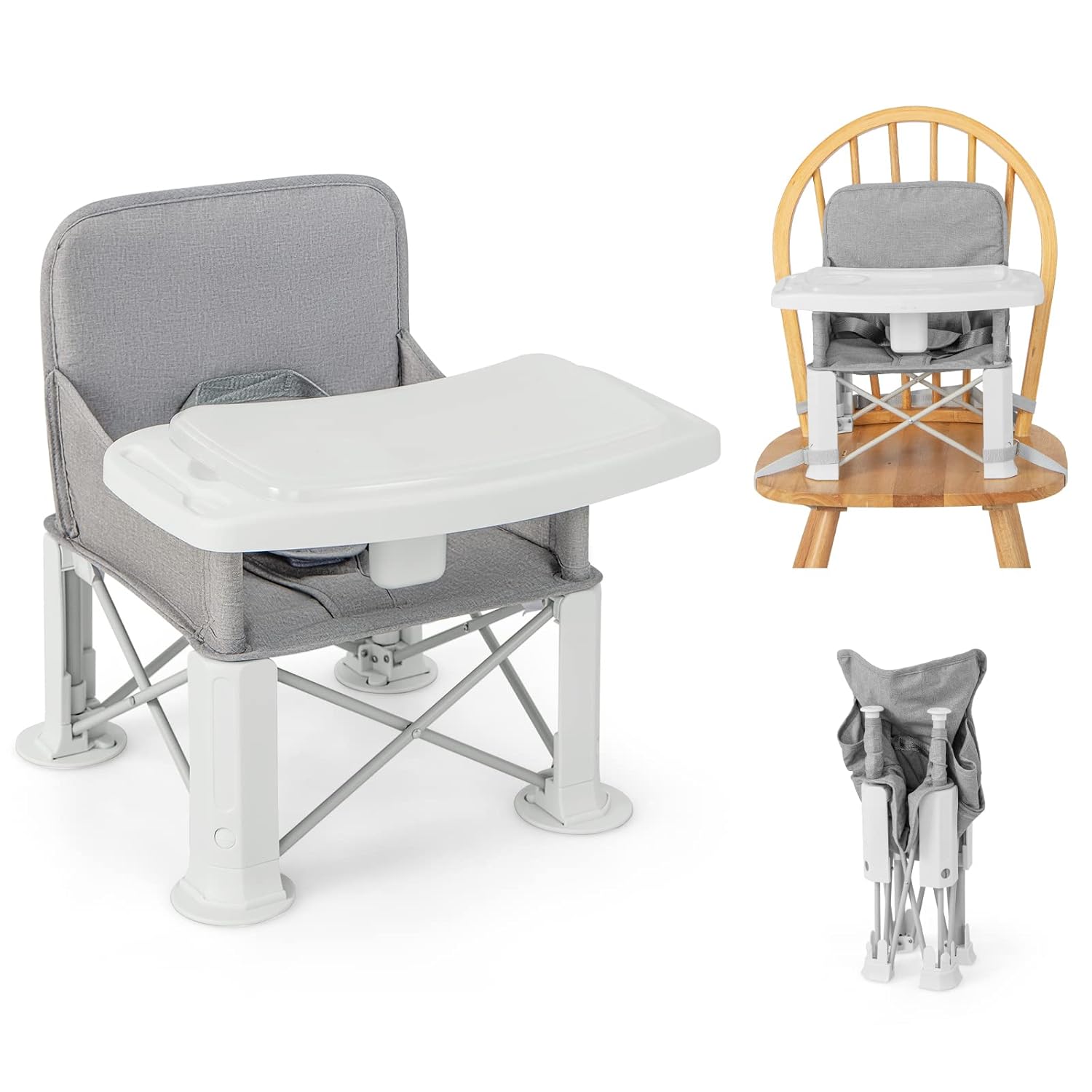 HONEY JOY Travel Booster Seat for Dining Table, Portable Toddler High Chair Booster Chair w/Double Tray for Indoor/Outdoor Use, Easy Compact Fold Baby Floor Seat w/Straps to Kitchen Chairs, Carry Bag