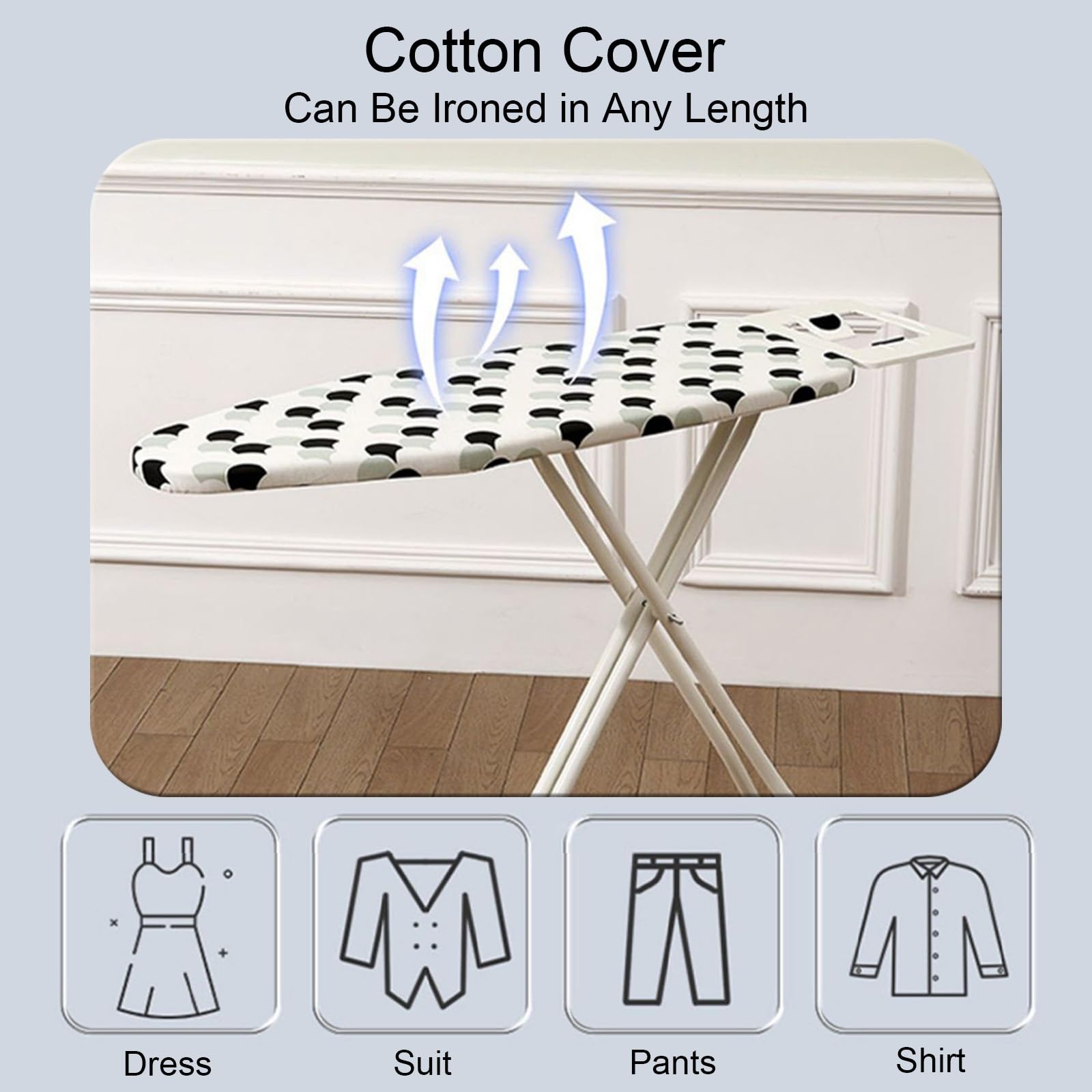 Tabla de Planchar Plegable de Altura Ajustable, Ironing Board de Pie con Soporte para Plancha, Patas Antideslizantes y Soporte para Mangas(Medium)
