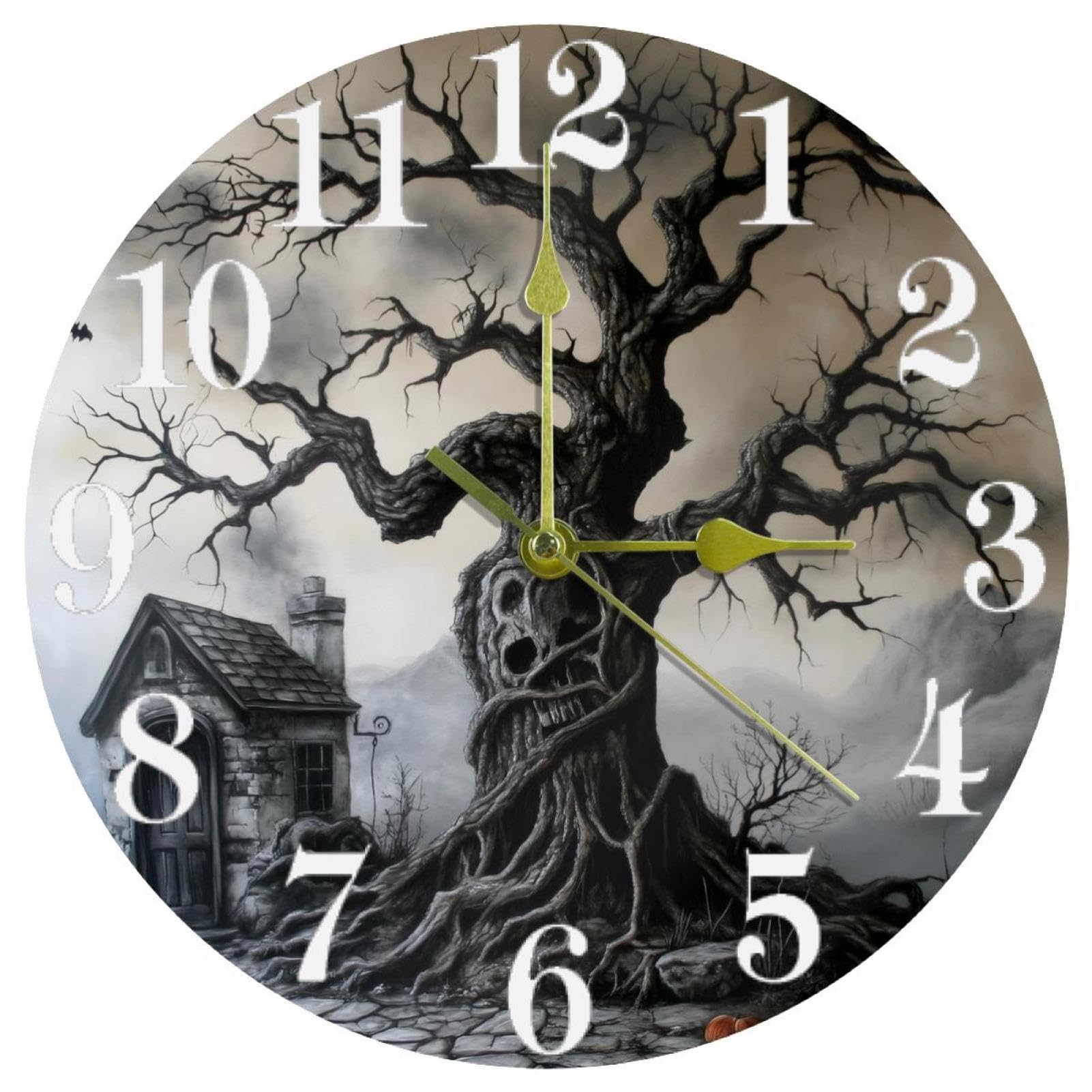 Horloge murale Halloween arbre mort ronde et silencieuse pour déco de maison