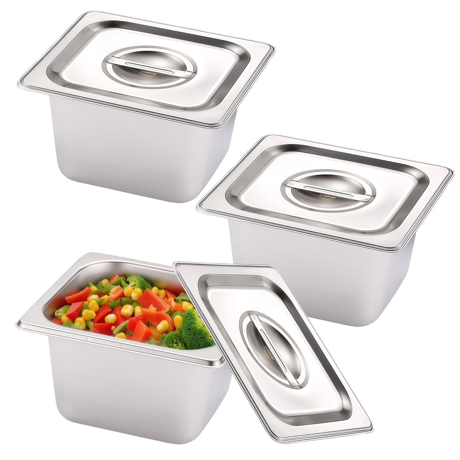 Contenitore in acciaio inossidabile con coperchio: 3 pezzi 1/6 Dimensione 17,5x16,5x10 cm Set di panatura per cotolette, contenitore per uso gastronomico, contenitore per mantenere il cibo