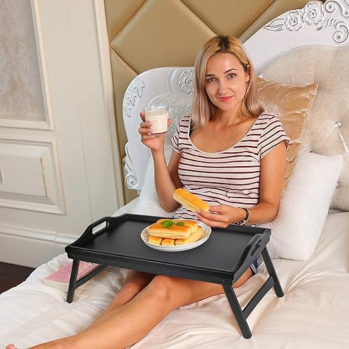 Miniatura 2 de Bandeja de cama con patas plegables de madera para servir desayuno en la cama o usar como bandeja de plato, mesa de TV, bandeja para computadora