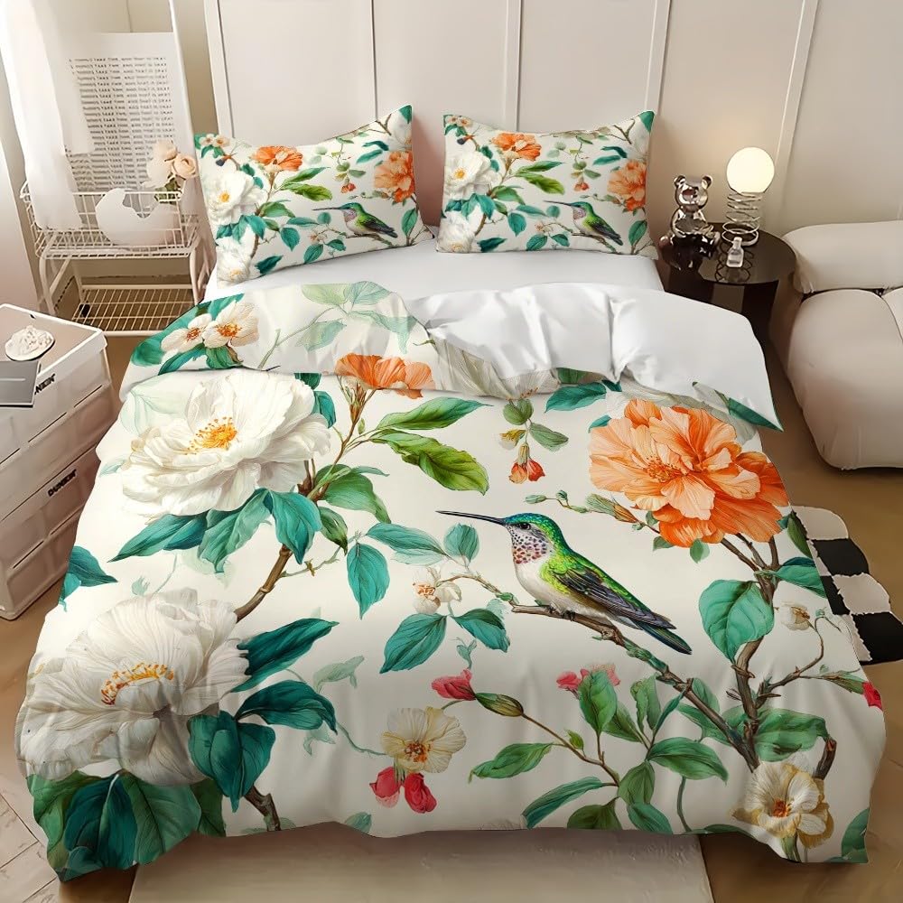 3-częściowy komplet pościeli z mikrofibry, z zamkiem błyskawicznym – retro rośliny i ptaki, żelowa, poszwa na kołdrę 240 x 220 cm i 2 poszewki na poduszkę 80 x 80 cm, biała, miękka, oddychająca poszwa