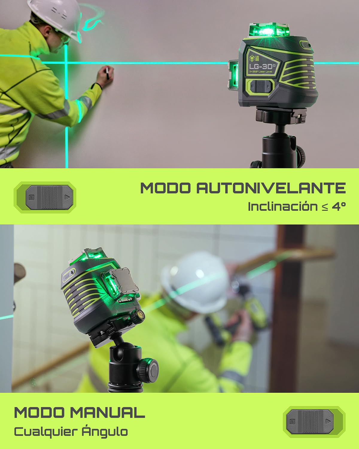 LasGoo Nivel Láser 3x360° Autonivelante, Láser de Línea Cruzada Verde 3D para Construcción y Colgar Cuadros, Batería Recargable, Control Remoto, Soporte Giratorio Magnético Incluido - LG-3Dx