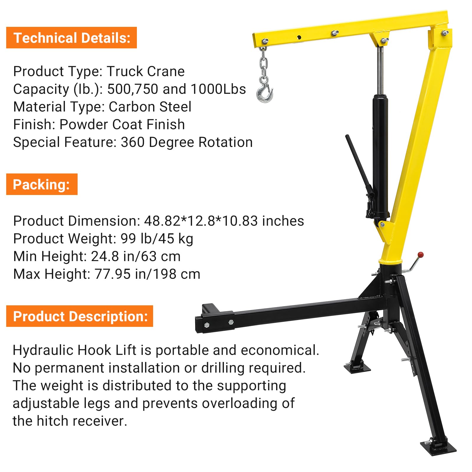 1000 Lbs Receiver Hitch Mounted Truck Crane - Hydraulic, 360° Swivel, With 8T Pump, For Pickups