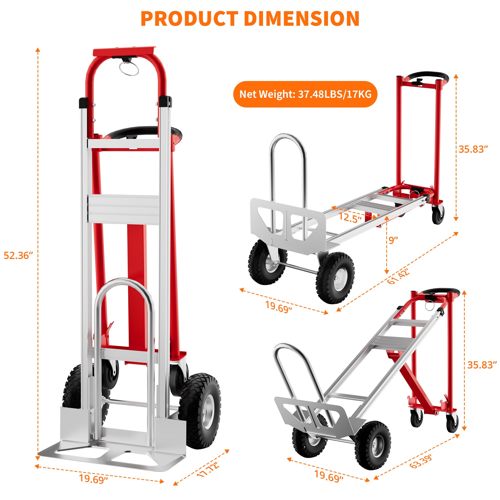 Carrello trasporto pieghevole per impieghi gravosi 3 in 1 Carrello manuale acciaio convertibile capacità carico 350 kg pieghevole ruote antiforatura cinghie elastich ideale magazzino uffici c