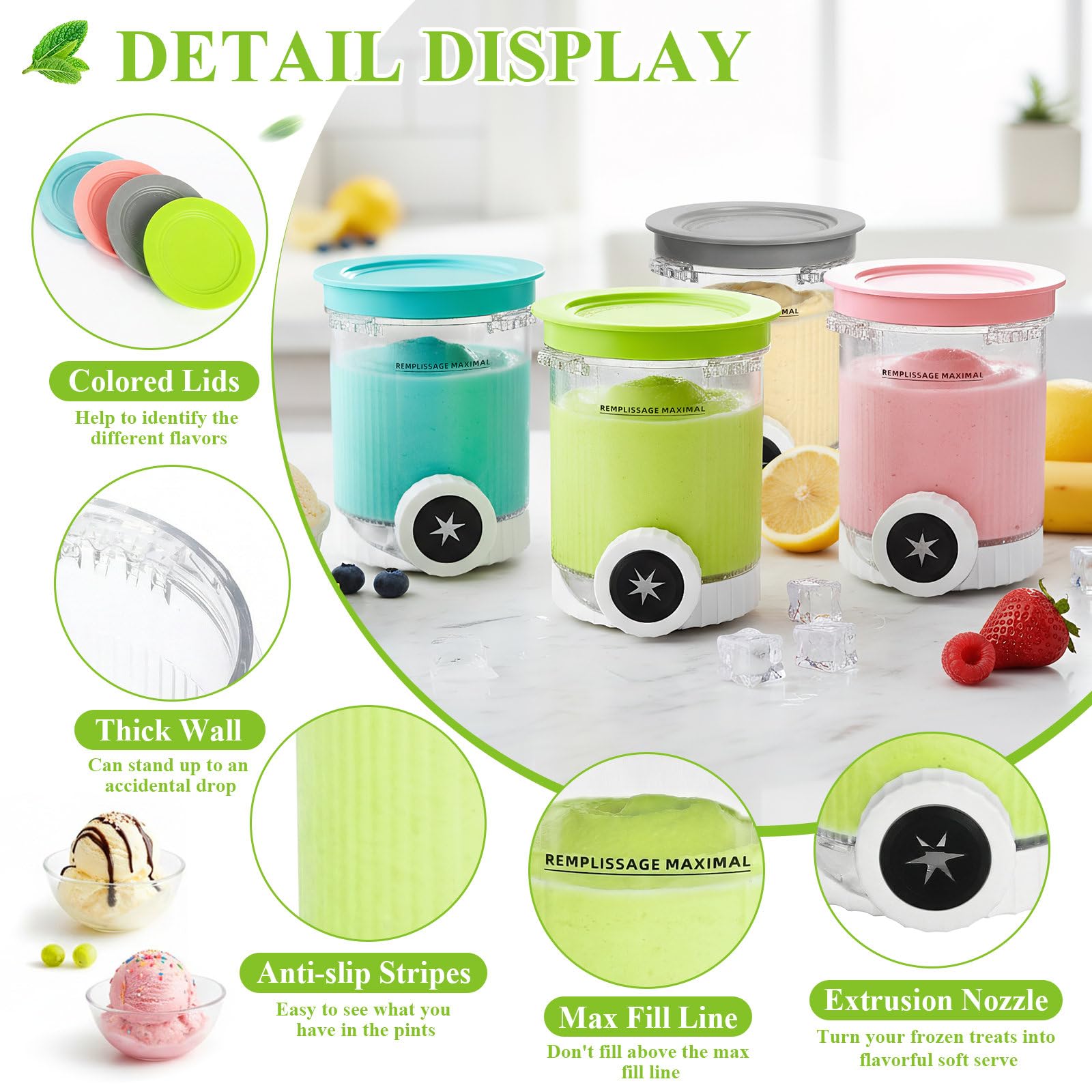 GKXLH Bacs à crème glacée avec couvercles - Récipients Ninja Creami, récipients pinte Creami de remplacement compatibles avec Ninja Swirl Ice Cream NC700 NC701 Series, sans BPA et lavables au