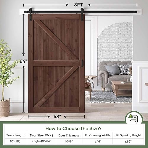 Miniatura 6 de Losa de puerta corrediza de madera de granero de 48 x 84 pulgadas con kit de herramientas y mango de 8 pies, café, forma de K, montaje simple