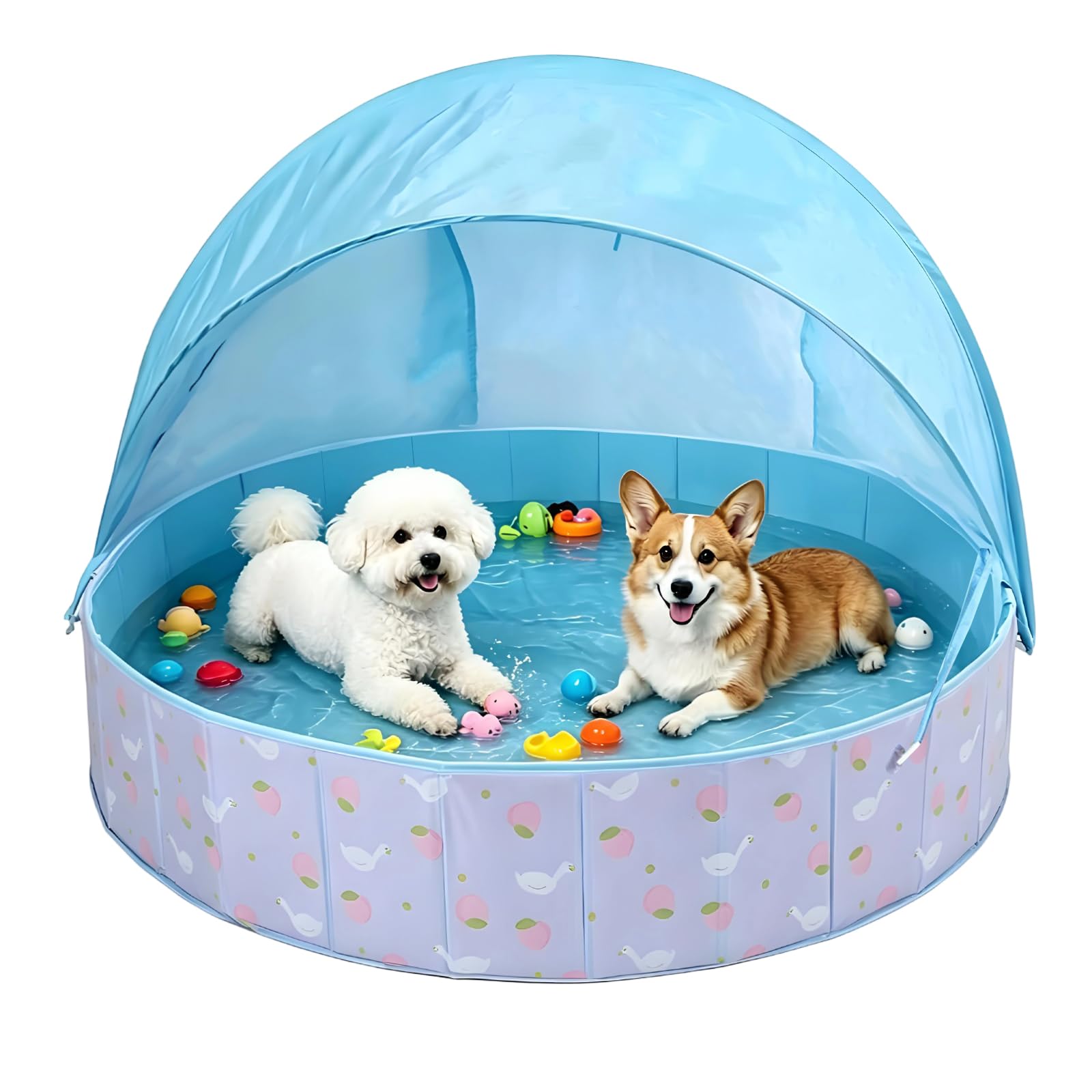 Piscina pieghevole per cani con tettuccio parasole, 120 x 30 cm, vasca da bagno per cani con valvola di scarico, antiscivolo, in PVC ispessito, per cani di taglia grande e bambini, piscina portatile