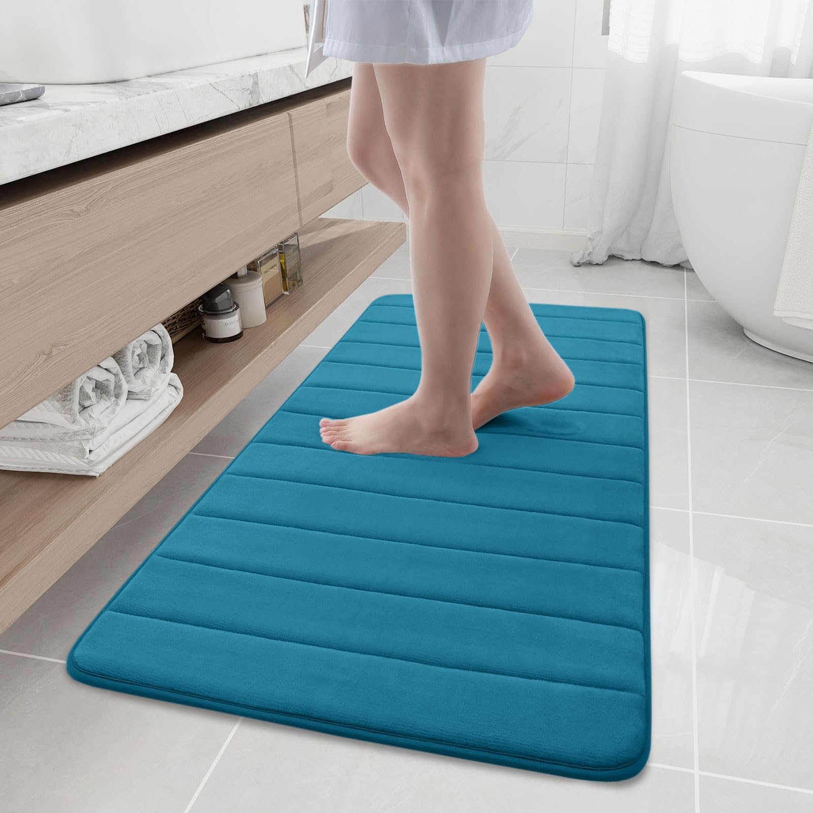Buganda Memory Foam Bath Mat, 47" x 20", Ultra Soft and Non-Slip Bathroom Rugs, Water Absorbent and Machine Washable Bath Rug Runner for Bathroom, Shower, and Tub, Peacock Blue