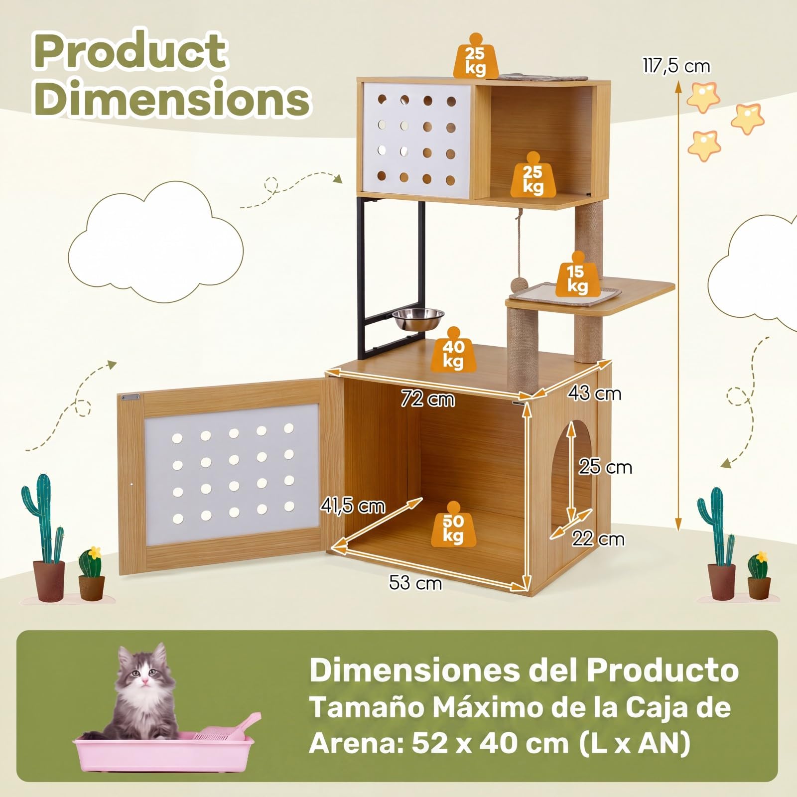 GOPLUS Árbol Rascador para Gatos de Múltiples Niveles, Altura 117,5 cm, Torre para Gatos con Recinto para Caja de Arena, Postes Rascadores de Sisal, Condo, Alimentación y Bola Colgante (Natural)