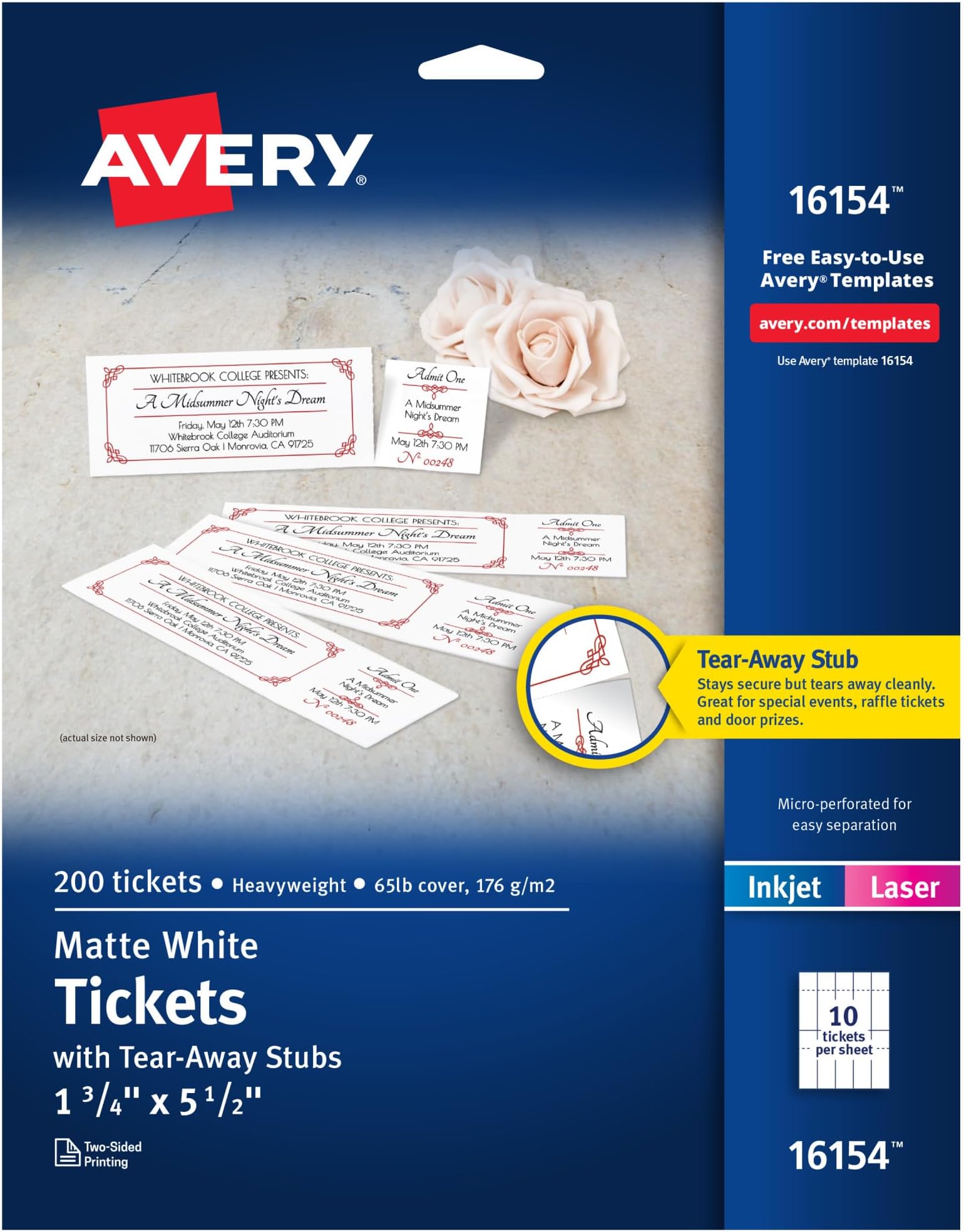 Printable Tickets with Tear-Away Stubs, 1.75" x 5.5", Matte White, 200 Blank Tickets for Laser and Inkjet Printers (16154)