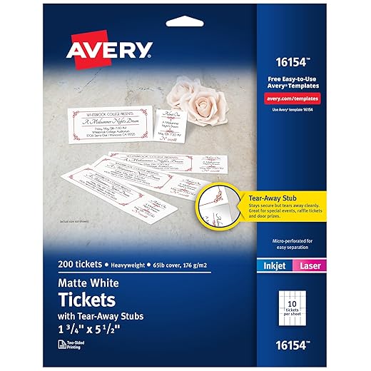 Avery Printable Tickets with Tear-Away Stubs, 1.75" x 5.5", Matte White, 200 Blank Tickets for Laser and Inkjet Printers (16154)