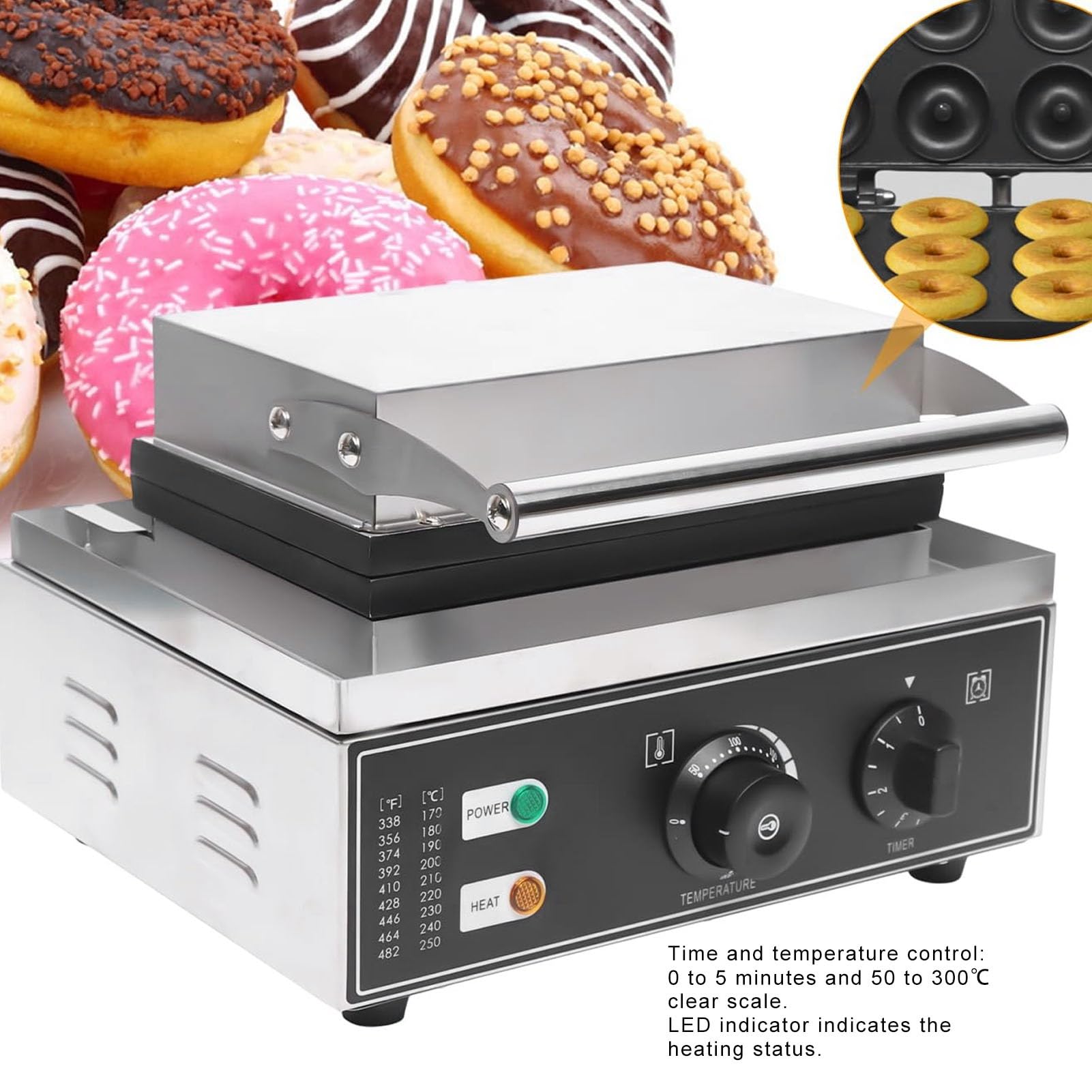 TOPINCN Máquina Comercial para Hacer Donas, Máquina Eléctrica para Hacer Donas, 12 Agujeros, 1500 W, Revestimiento Antiadherente de PTFE, Acero Inoxidable con Temporizador y Luz L (Enchufe europeo