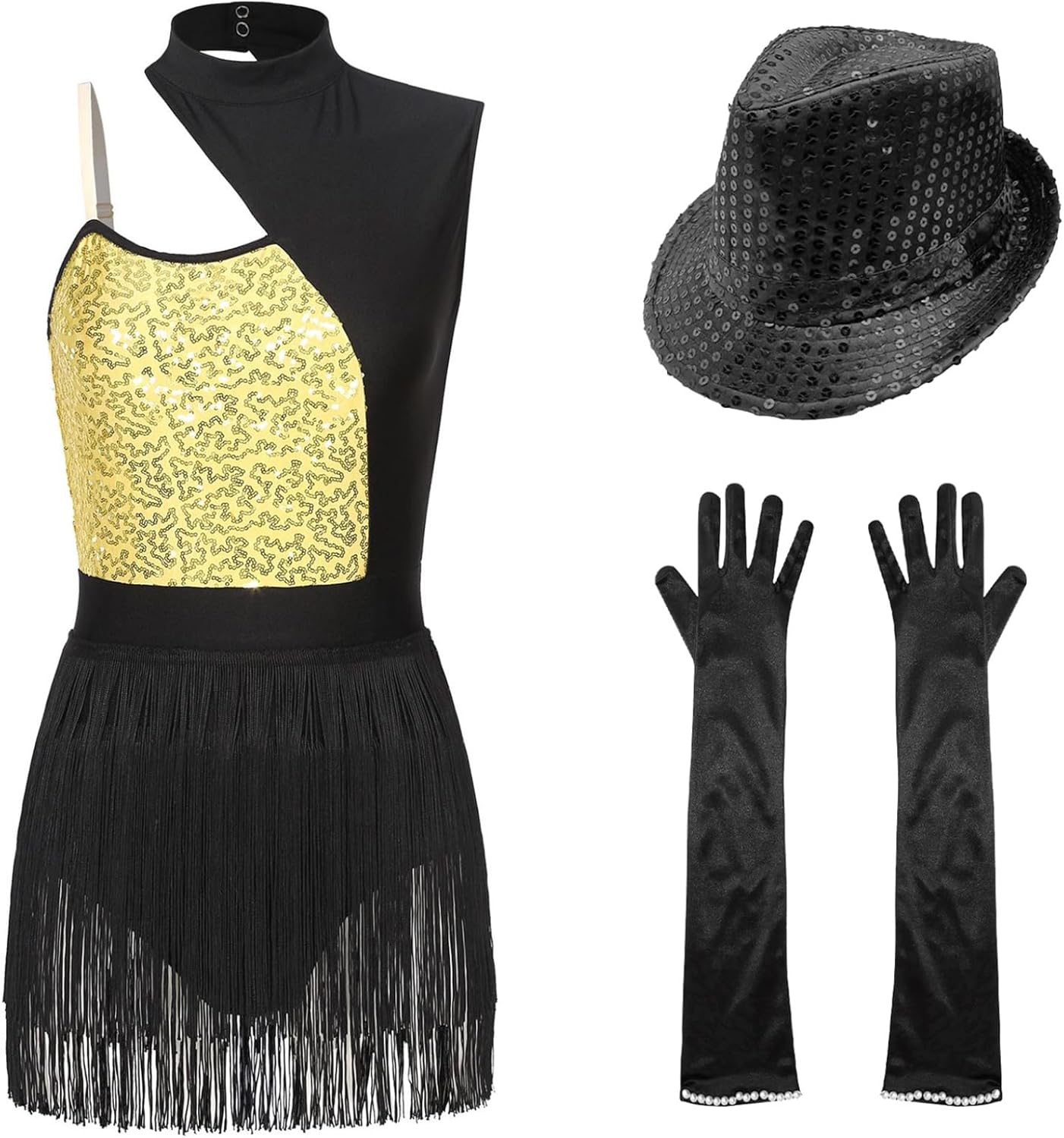 XUNZOO Women's Latin Jazz Costume Sexy Tuxedo Sequins Fringed Bodysuit Outfits with Gloves Hat