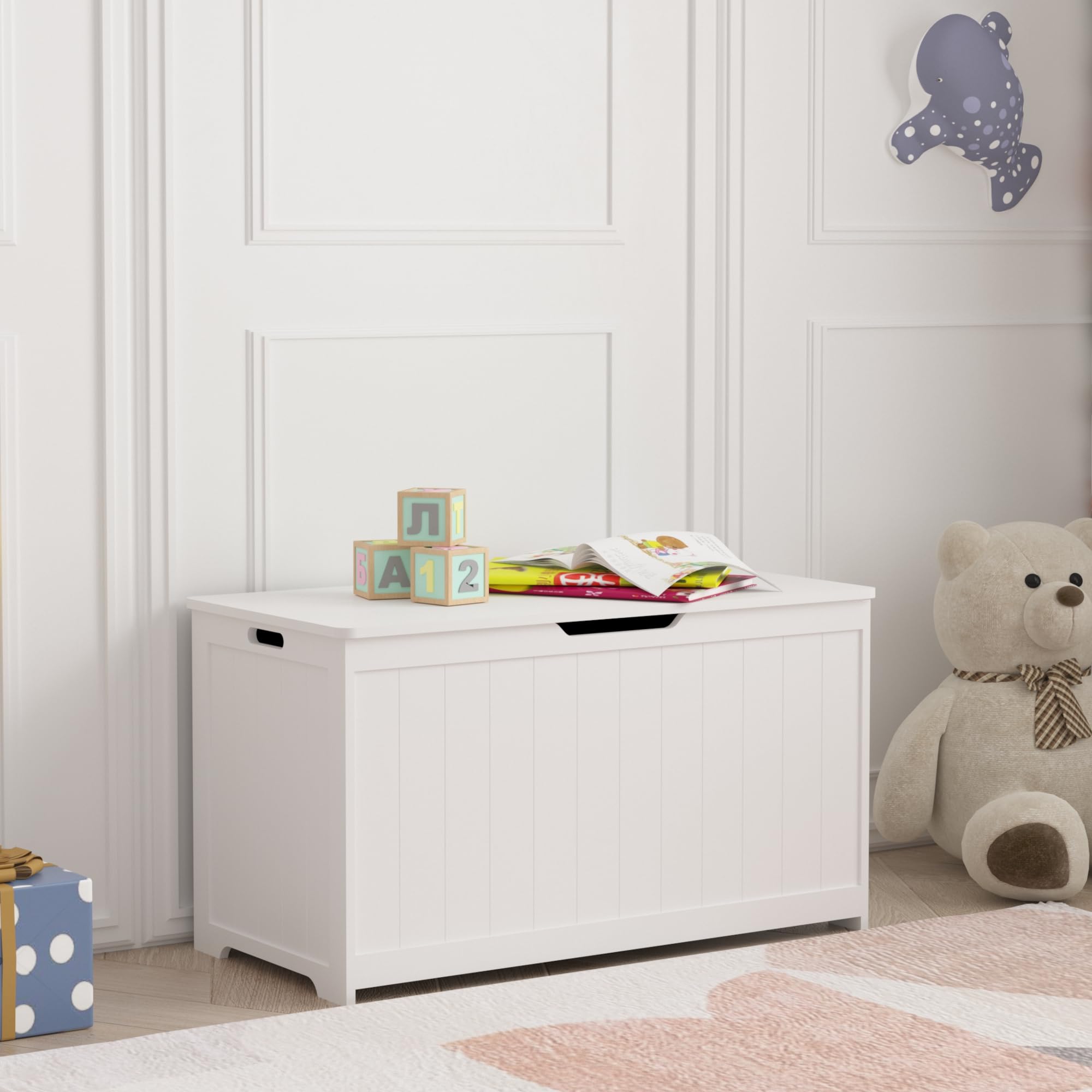 [en.casa] Baúl para Juguetes Podek Juguetero con Tapa de Cierre Suave Organizador de Juegos Cuarto para Niños Pasillo Sala máx. 70 kg 80 x 40 x 44,5 cm - Blanco