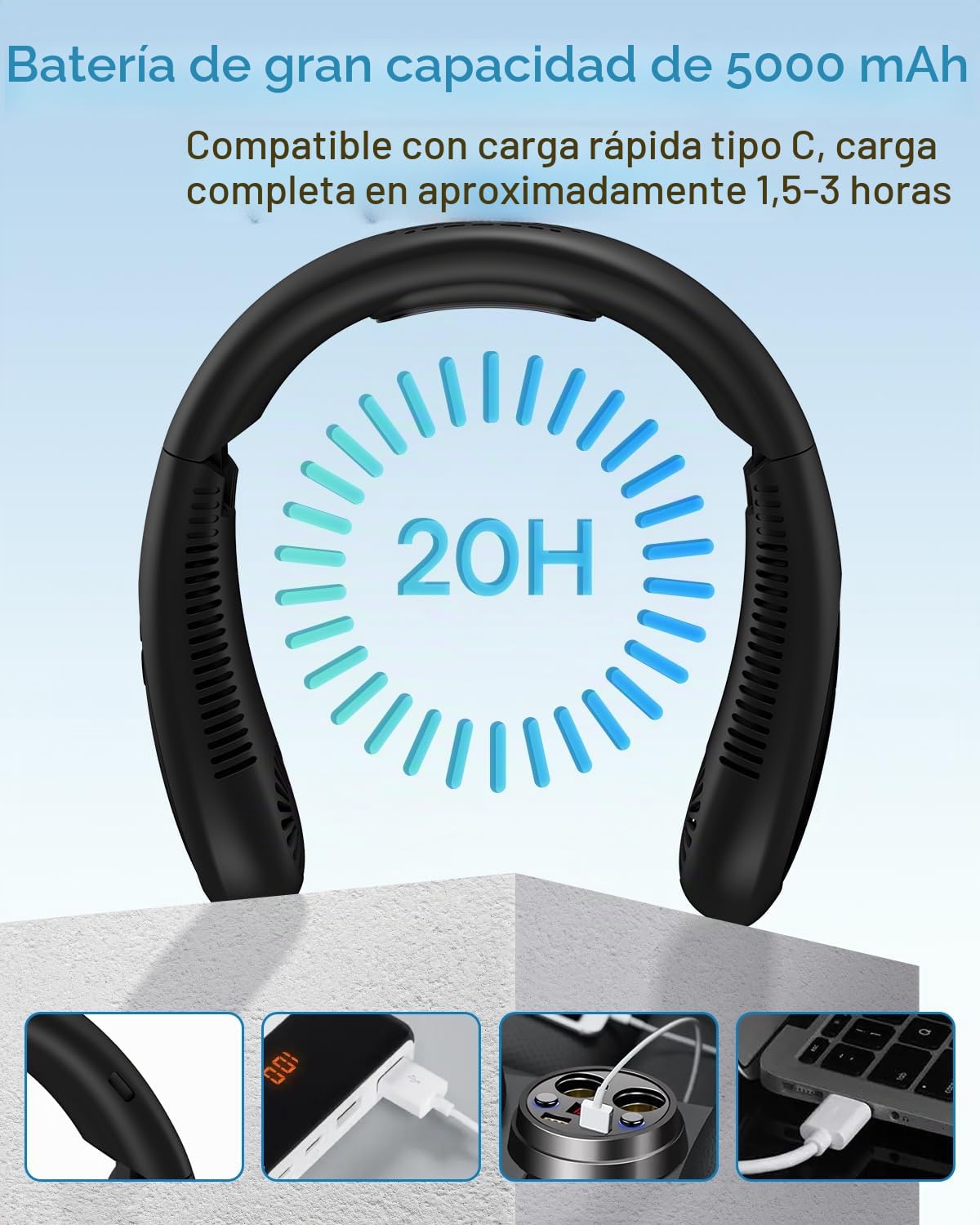 Aire acondicionado para el cuello, ventilador portátil para el cuello con placa de refrigeración, flujo de aire de refrigeración de 360°, ventilador USB recargable de 5000 mAh, manos libres, sin aspas