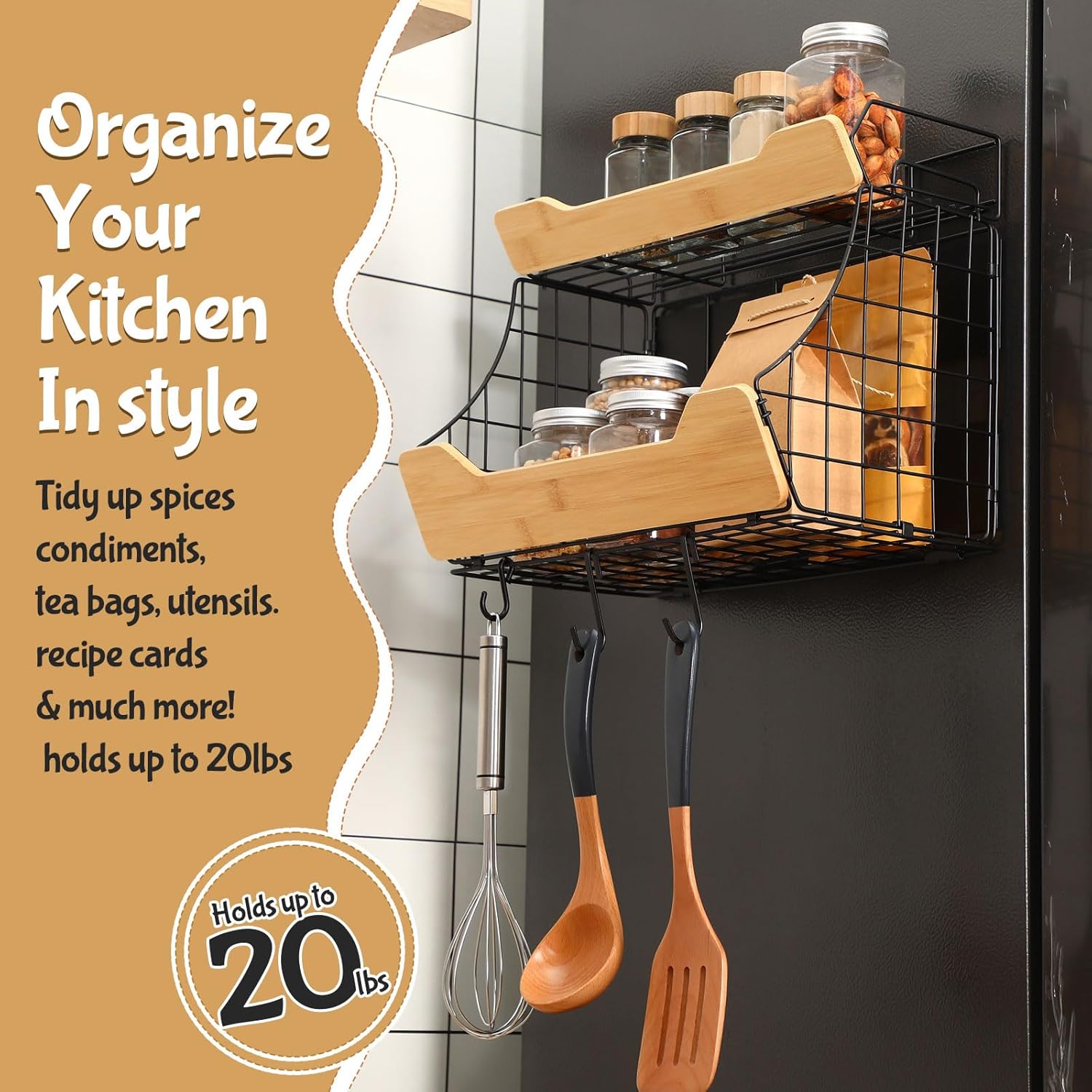 Vicenpal 2 Set Magnetic Shelf for Fridge with Double Layer Wooden Board Fruit Vegetable Storage Bin Onion and Potato Basket Magnetic Spice Rack for Refrigerator Kitchen Counter Cabinet RV and Laundry