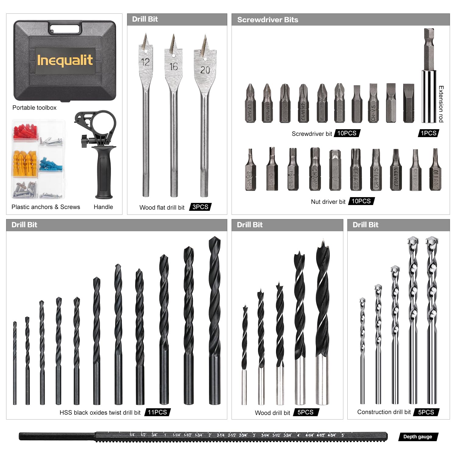 Trapano a percussione con cavo, 4,5 Amp, 0-3000 giri/min, mandrino da 1/2", set di accessori da 105 pezzi, controllo della velocità regolabile, manico girevole a 360°, profondimetro e