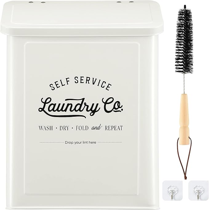 MONJITA Magnetic Lint Bin for Laundry Room, Metal Trash Can with Lid for Dryer, Farmhouse Lint Holder, Laundry Co Sign, Laundry Room Storage Decor with Dryer Lint Brush(White)