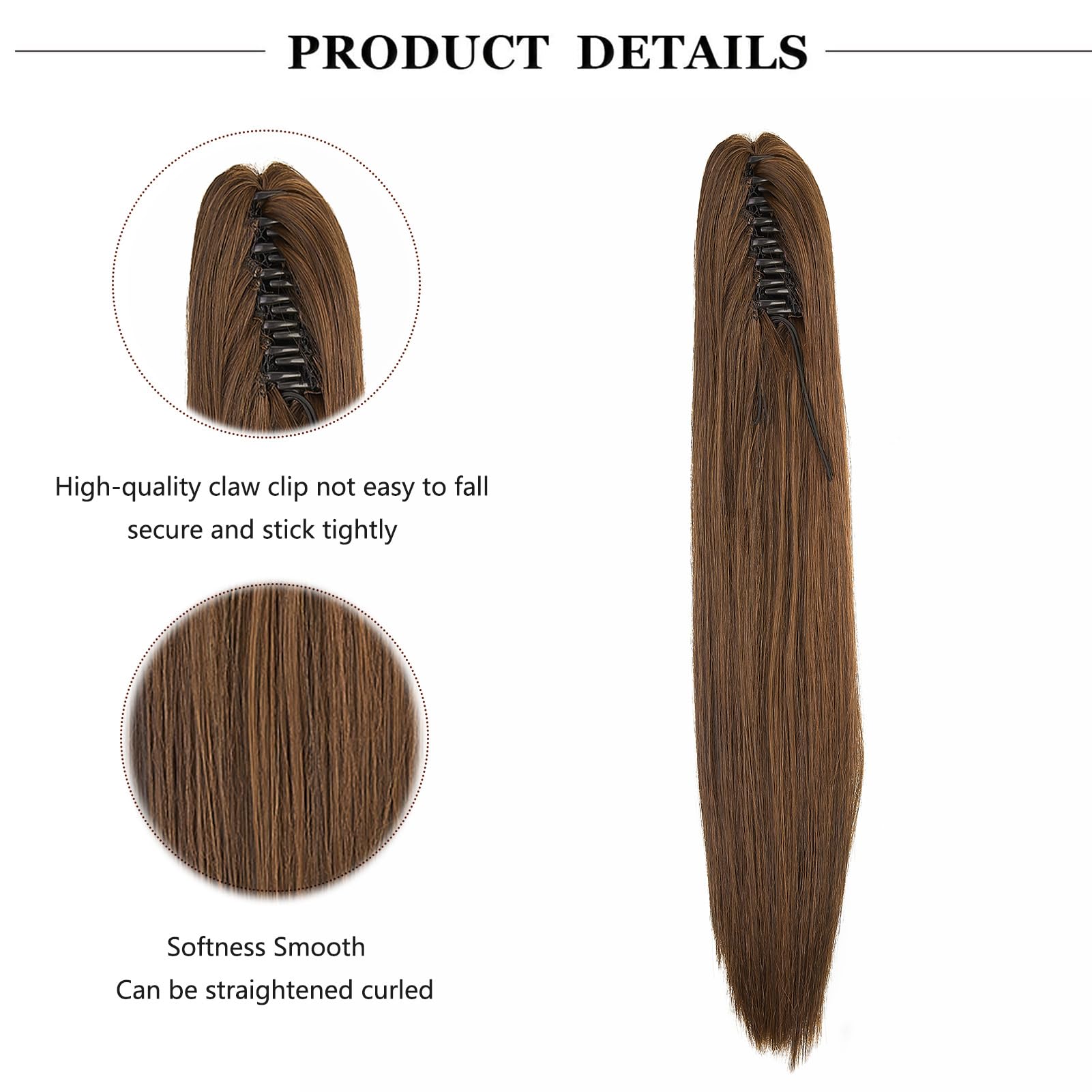 Cybelleza 20inch Ponytail Hair Extensions Straight Ponytail Claw Jaw on Long Straight Pony Tails Clip in Hair Extensions Synthetic Hair pieces for Women Dark Brown & Light Auburn - Image 2