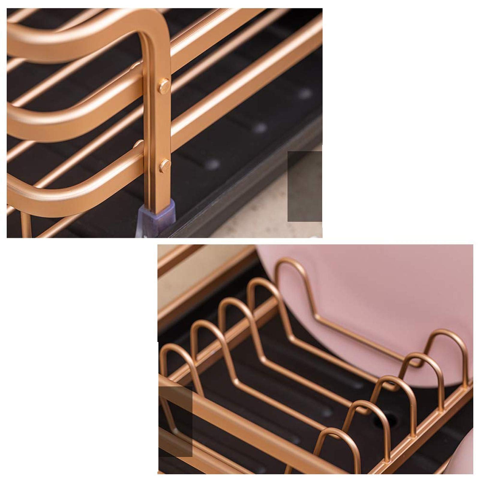 Escurridor de platos de aluminio con almacenamiento para platos, escurridor de fregadero de cocina, color negro y dorado