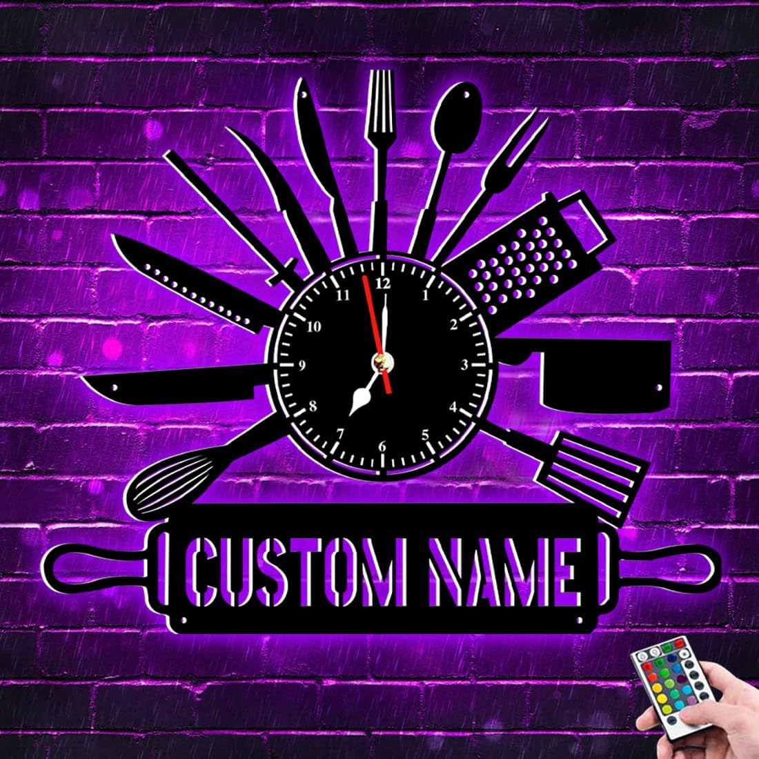 Personalized Kitchen Wall Clocks with Spoons and Forks, Custom Metal Name Light Up LED Black Modern Design Cutlery Kitchen Utensil Spoon Fork Wall Clock Wall Sticker Room Home Decoration (Style 1)