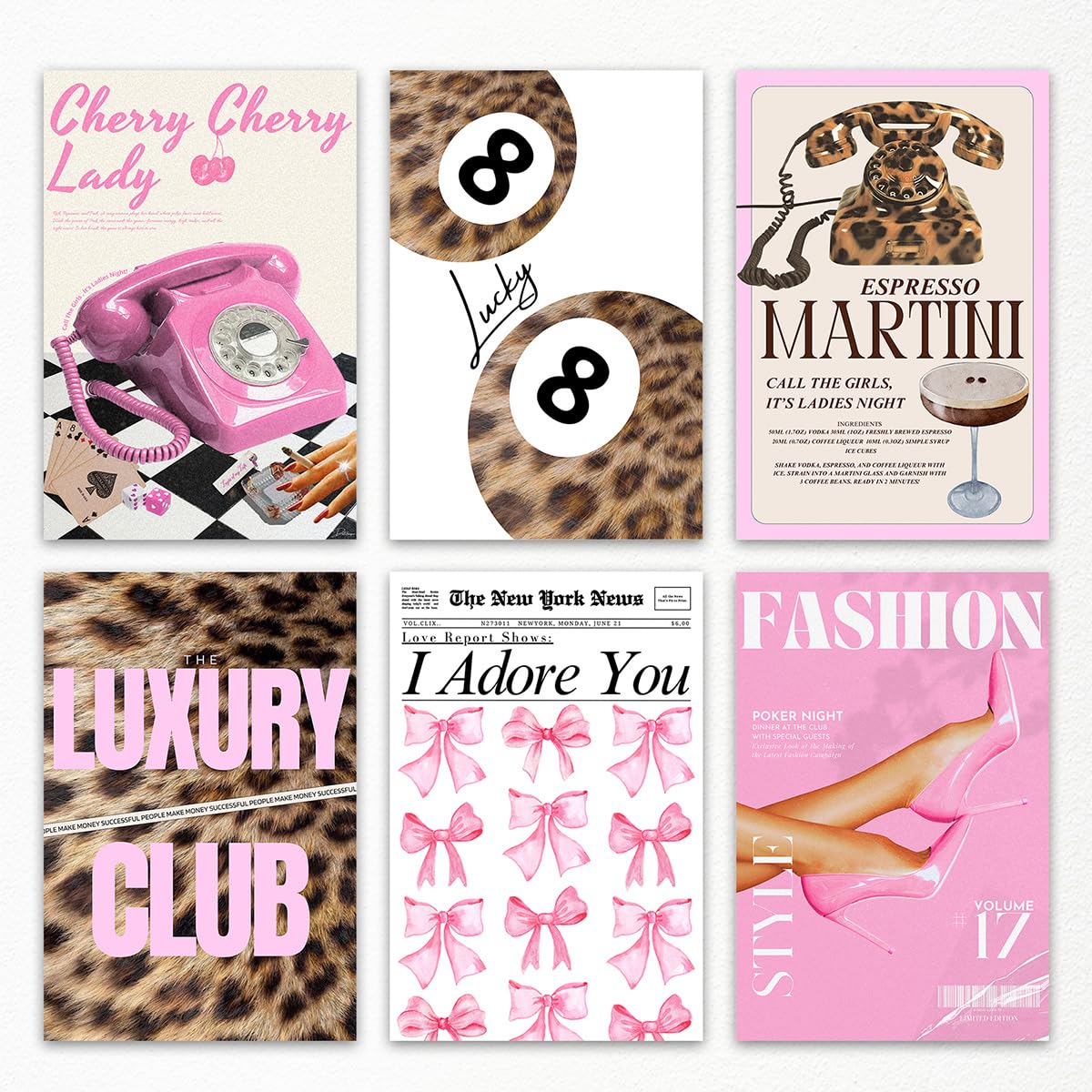 Anslivle Set01 6Pcs Pink Leopard Canvas Wall Art, Lucky 8 Ball & Espresso Martini Cheetah Print Poster, Newspaper Bows Fashion Magazine Cover Painting, Cherry Lady Telephone Picture For Bedroom 16X24in Unframed