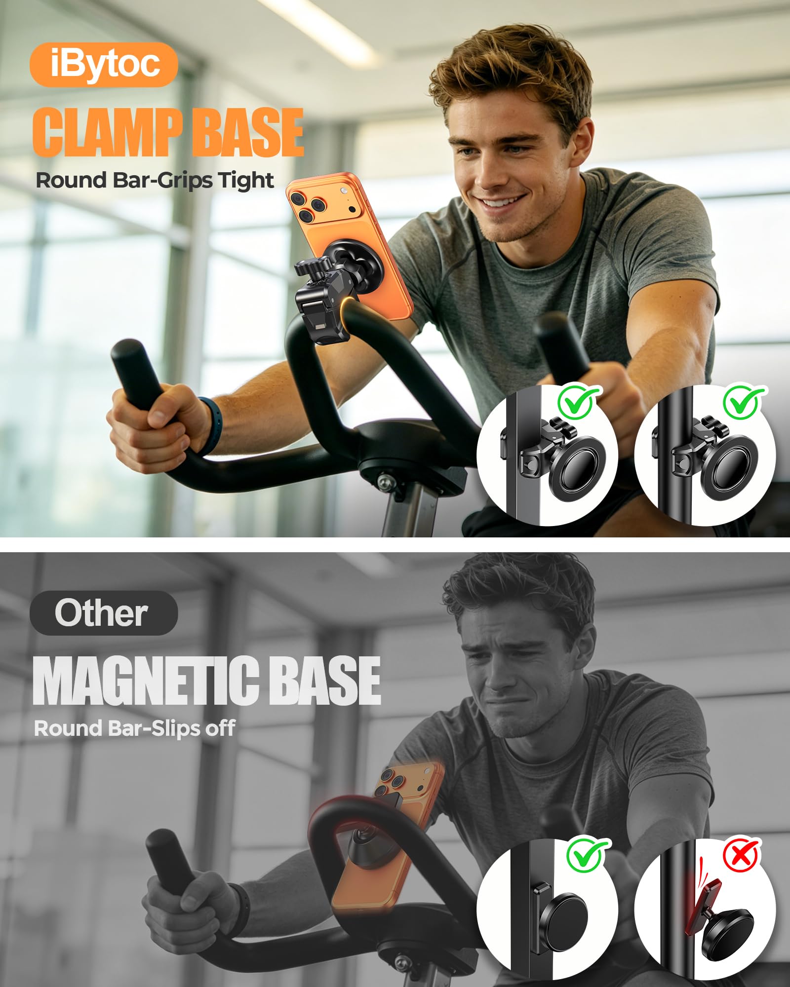 Soporte magnético para teléfono para cochecito de gimnasio con abrazadera, 16 soportes magnéticos fuertes N55, rotación de 360° e inclinación de 60° para cinta de correr, bicicleta estática