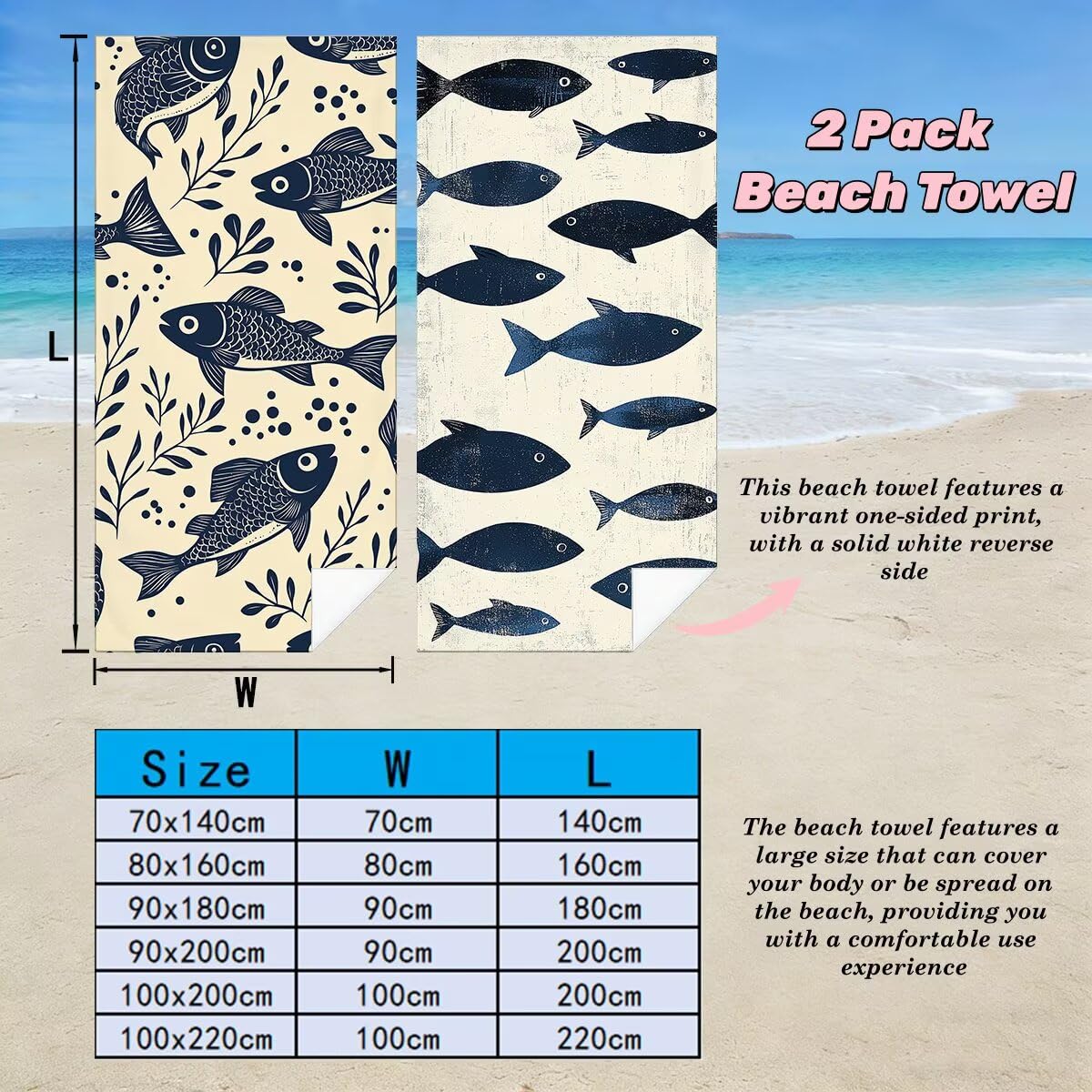 Toalla Playa 90x180 cm, Toalla Gimnasio Microfibra Secado Rapido, Juego de 2 Antiarena Toallas de Playa, Ligera Compacta Toallas Microfibra Grande para Viaje, Regalo Hombre Regalo Mujer (Pez) -4427