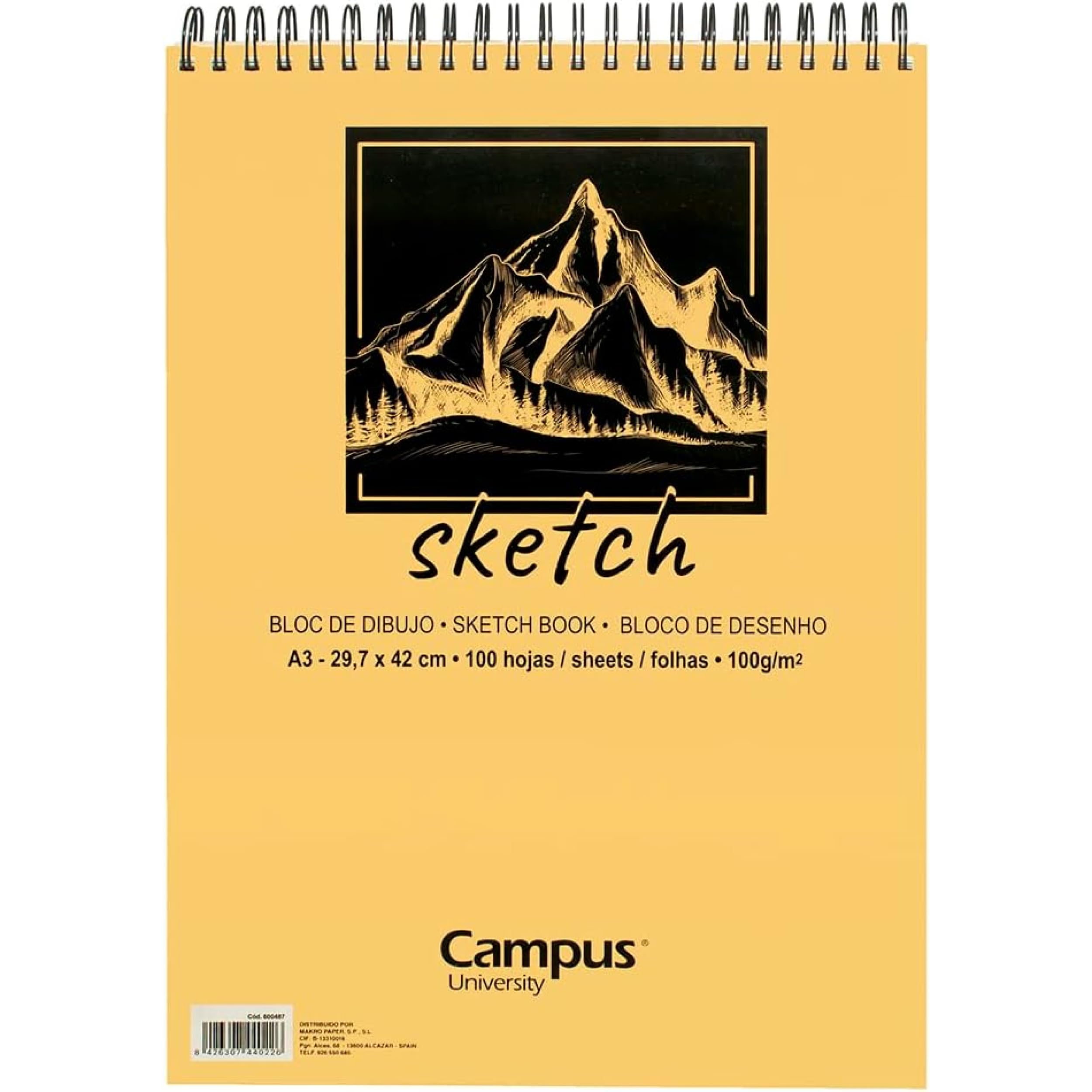 Campus University - Bloc de Dibujo Sketch A3 Cuaderno de Bocetos con Espiral 100 Hojas 100 gramos en Blanco para Carboncillo, Lápiz, Ceras, Pastel, Esbozos