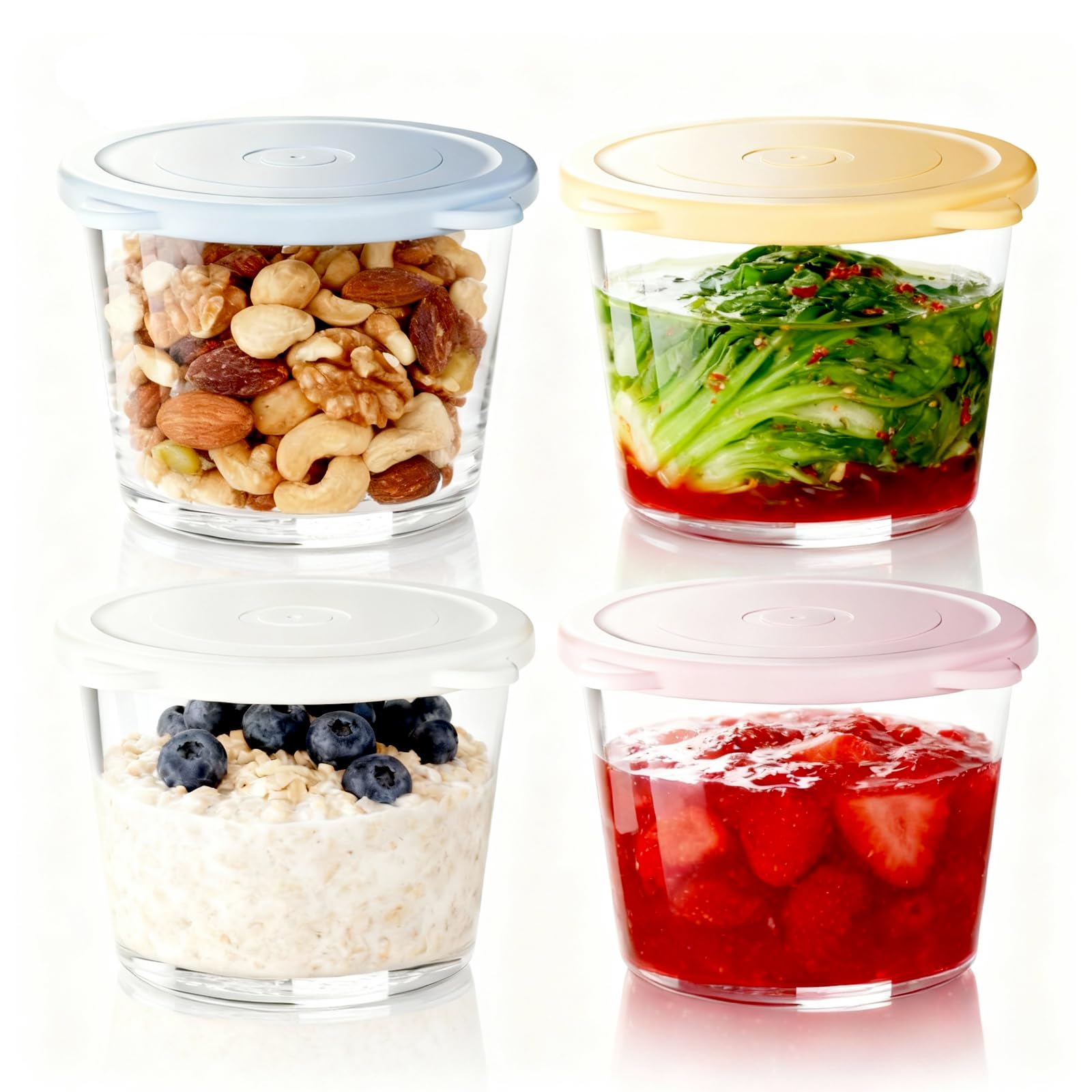 Yumzxin White, Yellow, Blue, Pink 4 Pack 270Ml Airtight Glass Containers, Bpa-Free, Microwave, Dishwasher & Freezer Safe For Meal Prep, Salad, Pickles, Soup, Overnight Oats, Yogurt