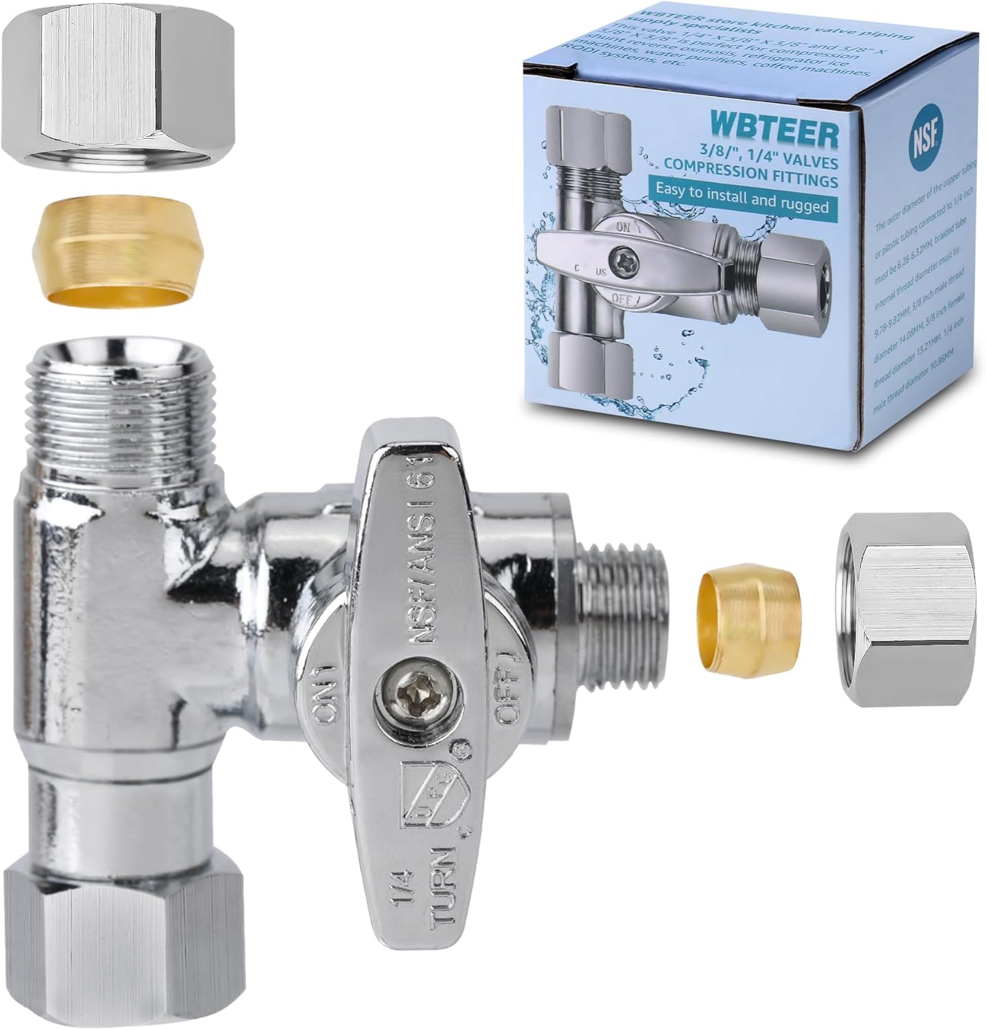 WBTEER Water Line Splitter 3/8"X3/8"X1/4" Compression Valve Tee